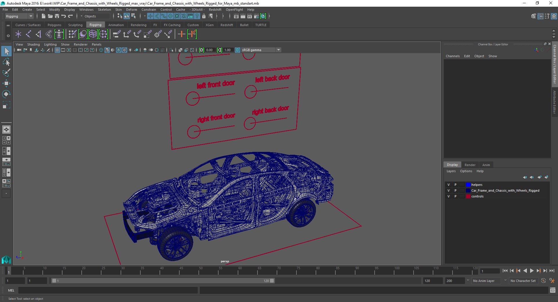 Car Frame and Chassis with Wheels Rigged for Maya 3D model