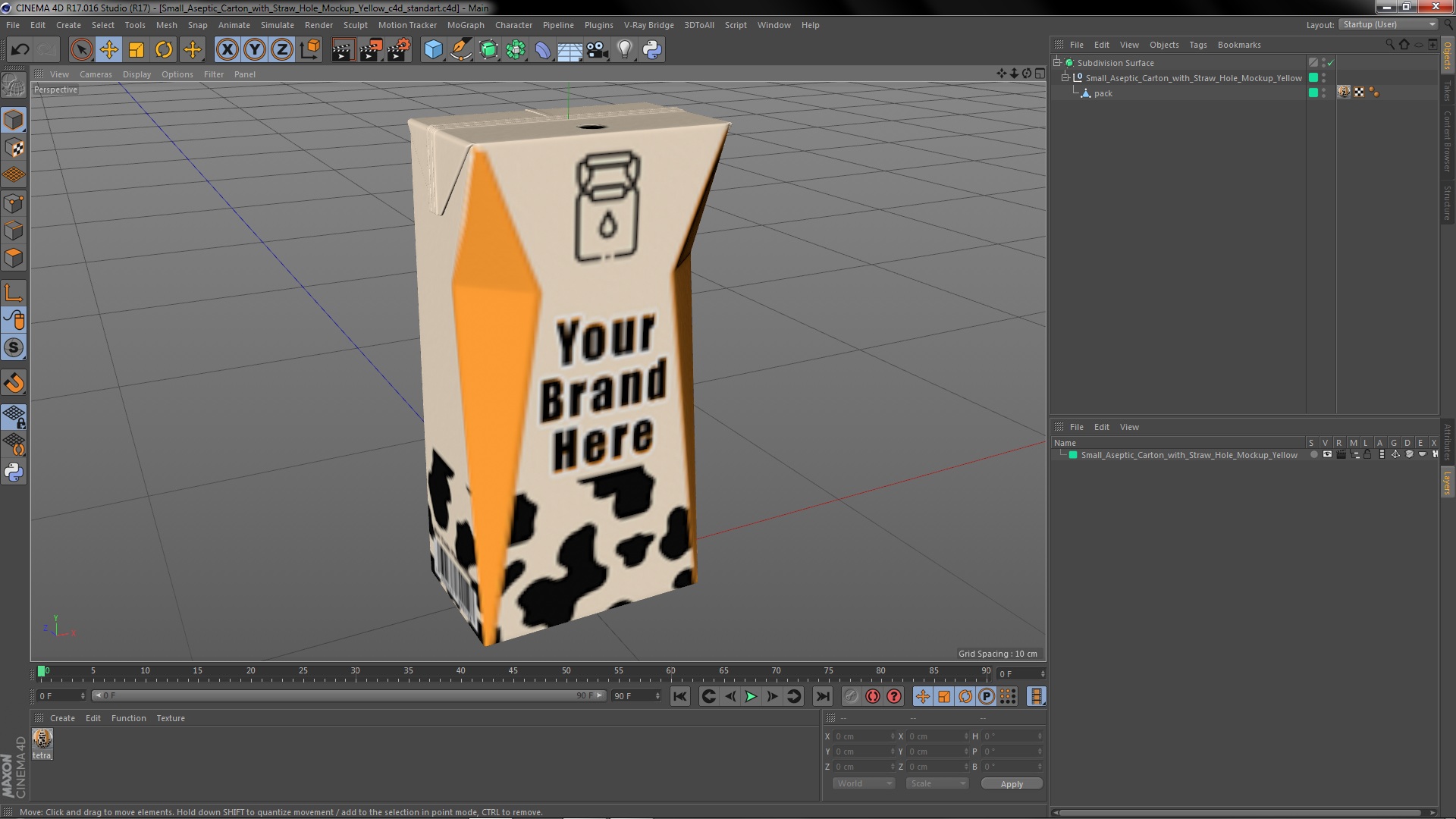 3D model Small Aseptic Carton with Straw Hole Mockup Yellow