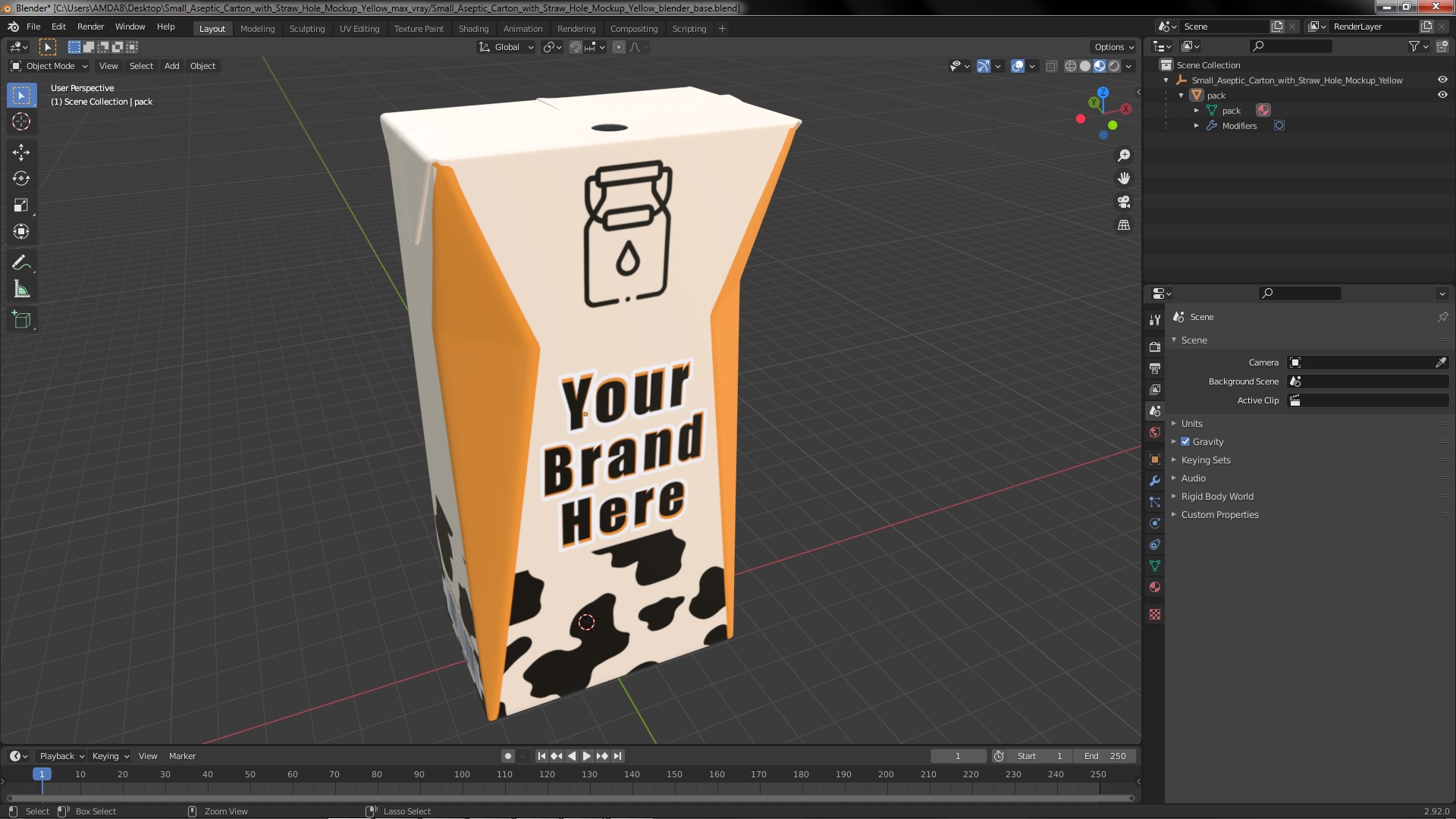 3D model Small Aseptic Carton with Straw Hole Mockup Yellow