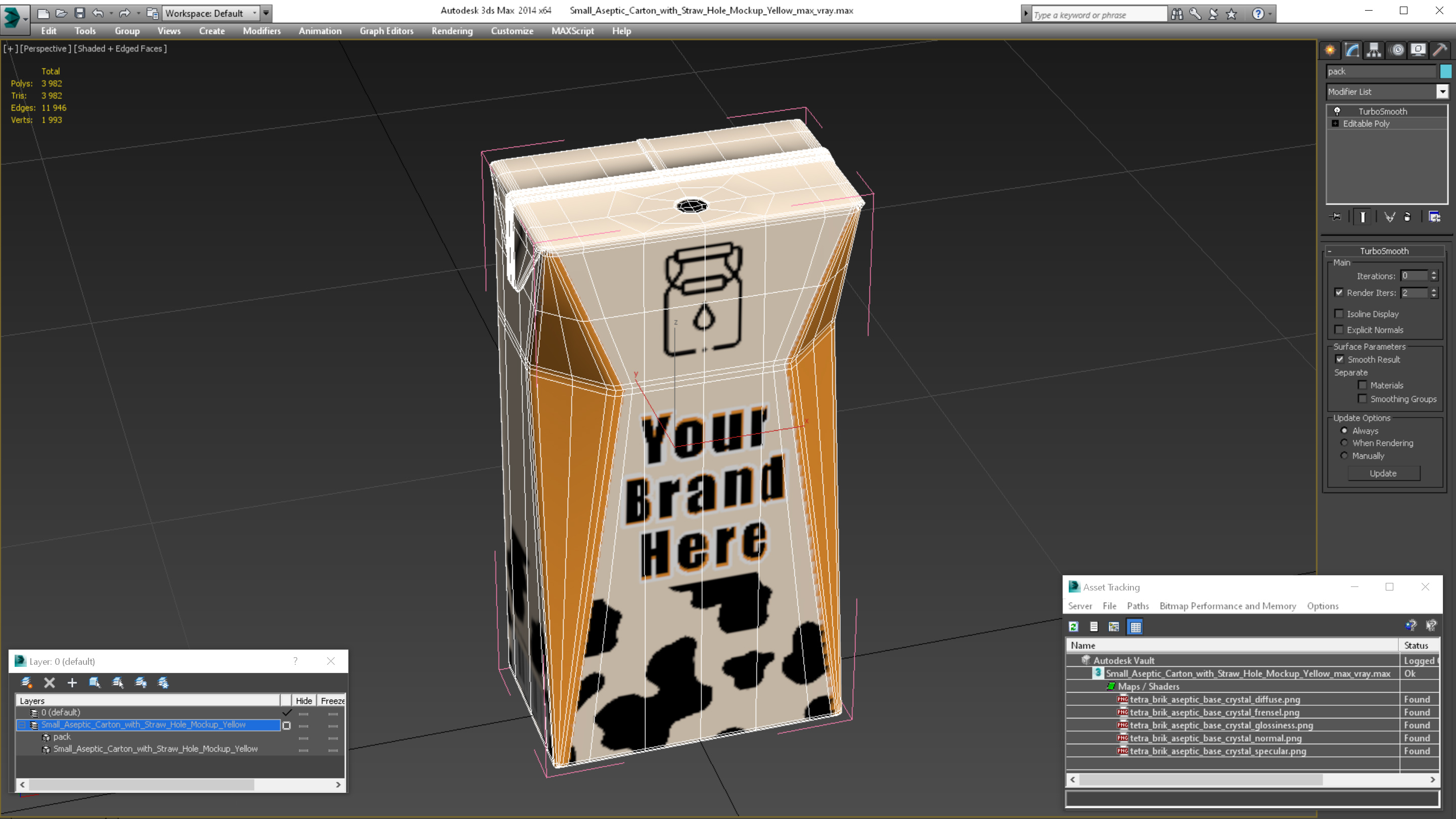 3D model Small Aseptic Carton with Straw Hole Mockup Yellow