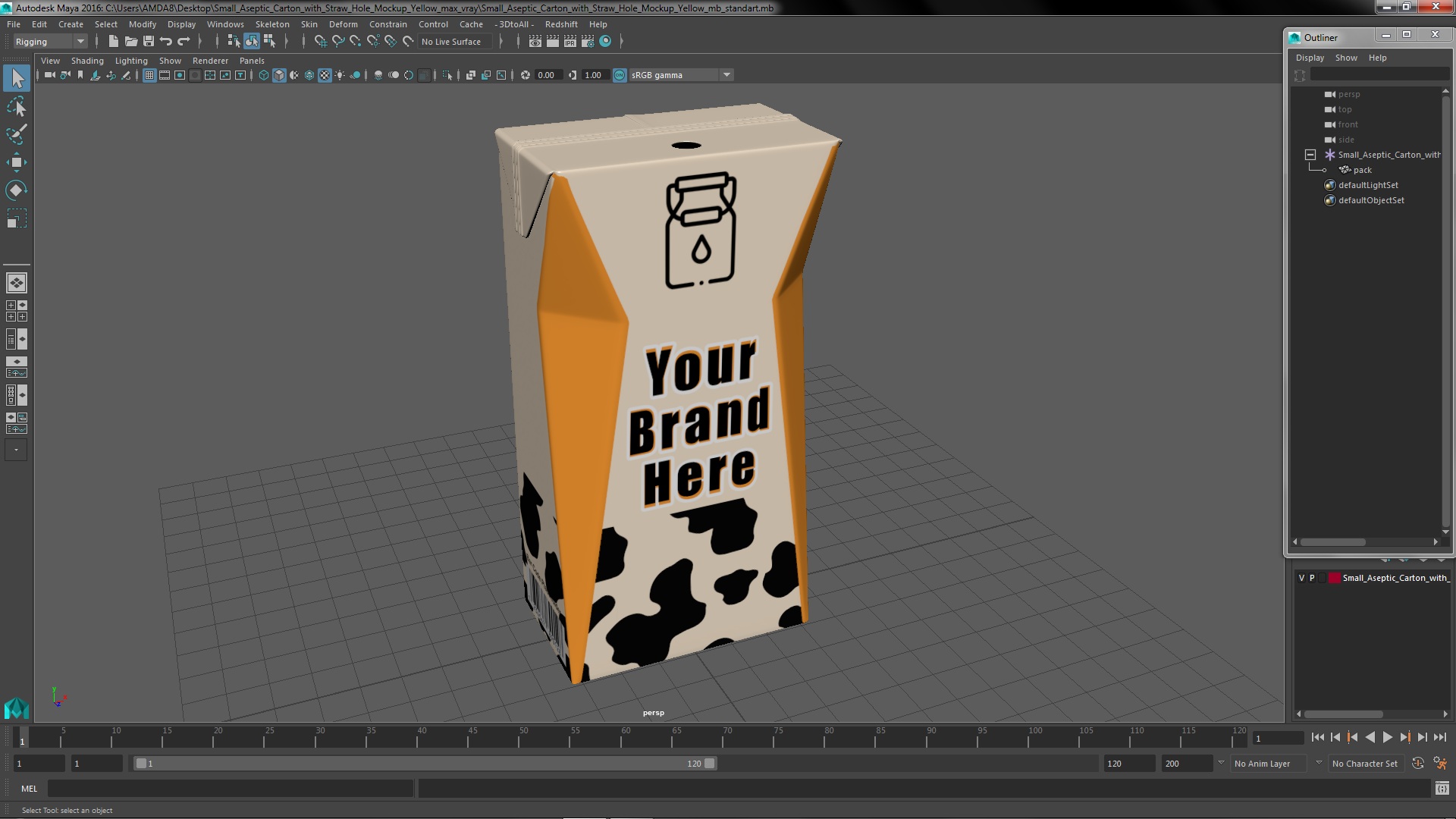 3D model Small Aseptic Carton with Straw Hole Mockup Yellow