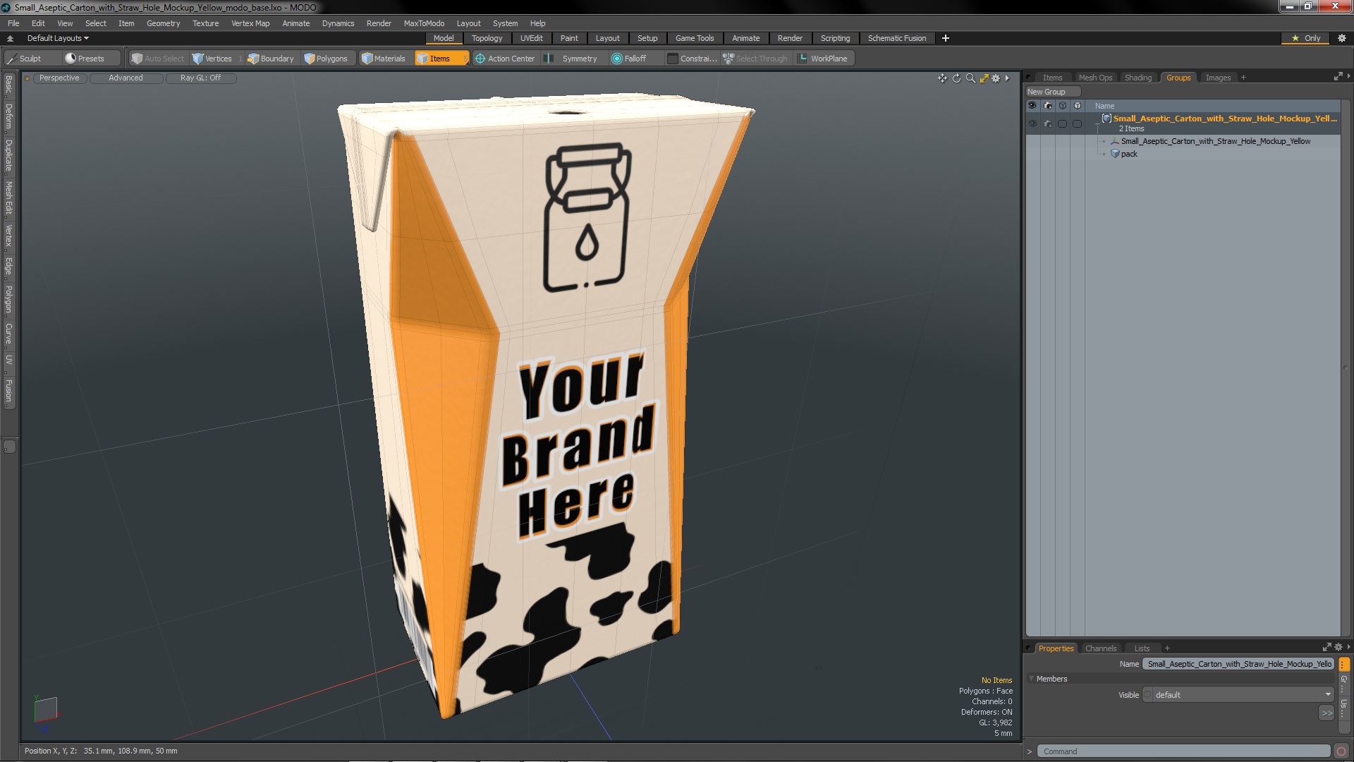 3D model Small Aseptic Carton with Straw Hole Mockup Yellow