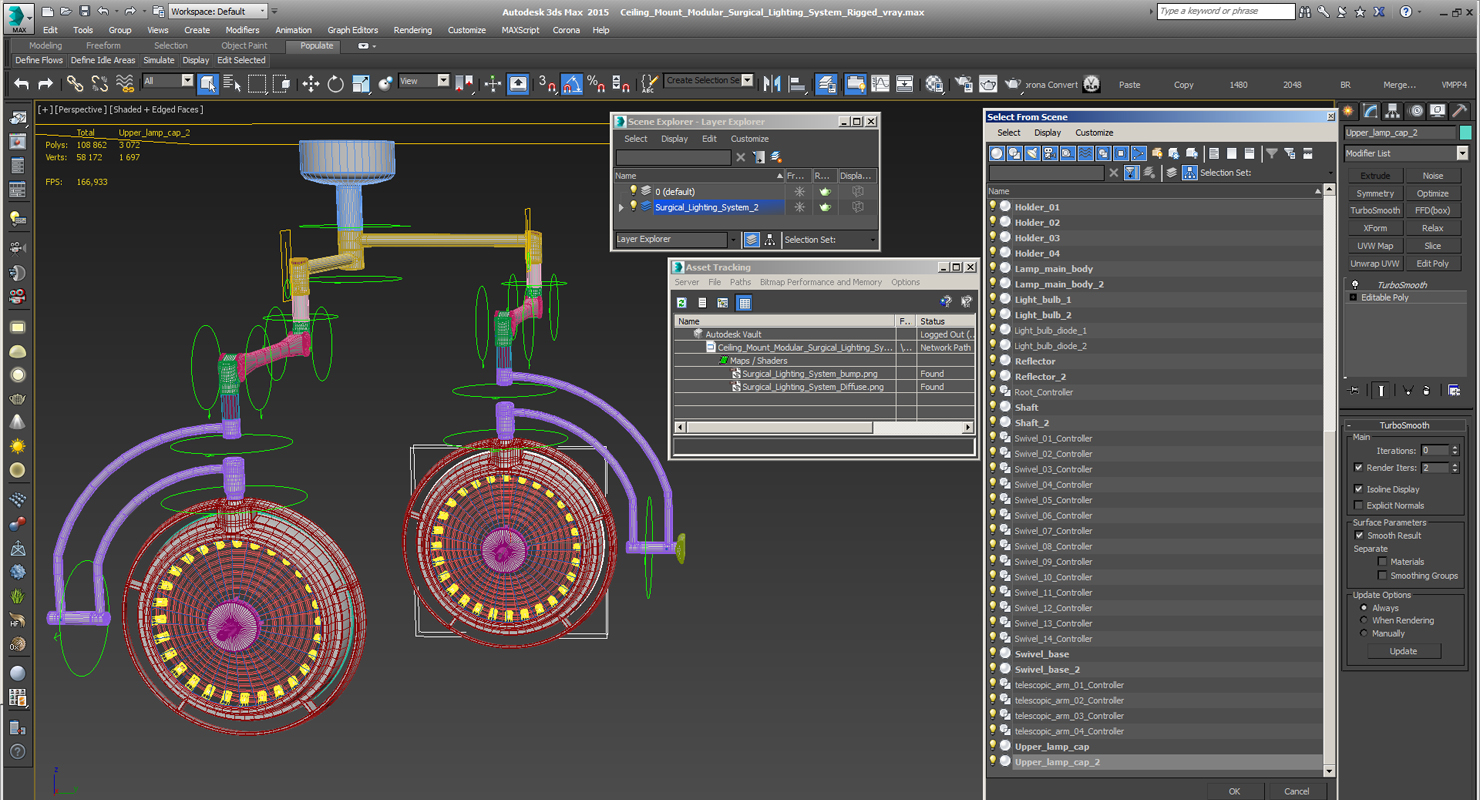 3D Ceiling Mount Modular Surgical Lighting System Rigged model