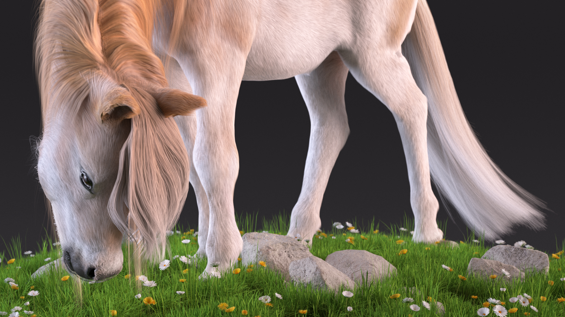 3D Pony with Long Mane Grazing in a Meadow Fur model