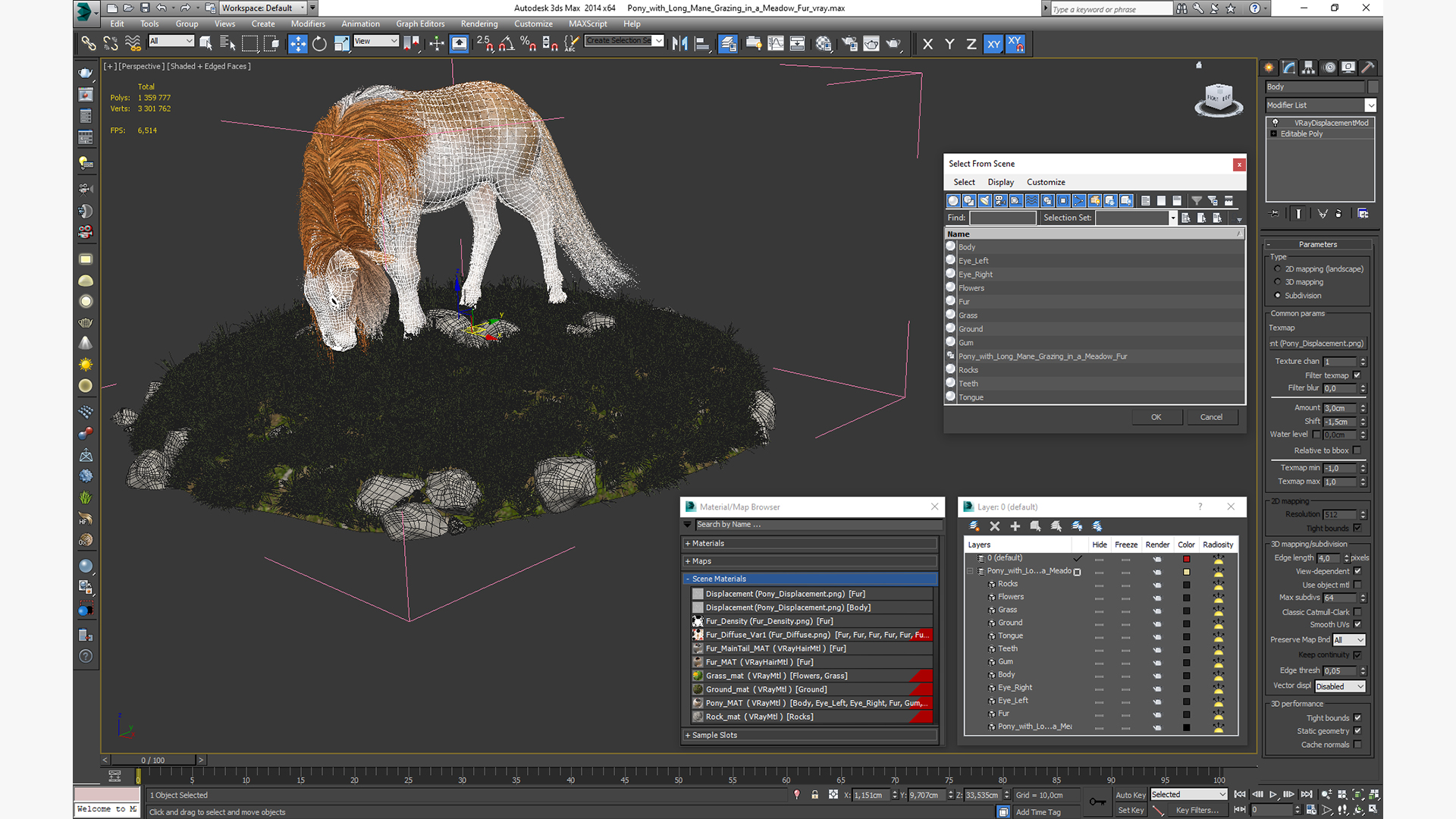 3D Pony with Long Mane Grazing in a Meadow Fur model