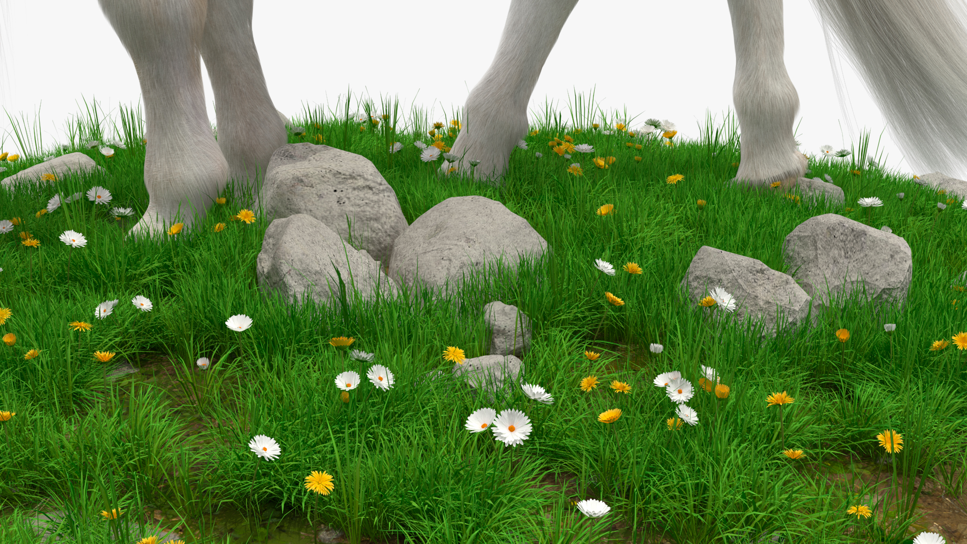 3D Pony with Long Mane Grazing in a Meadow Fur model
