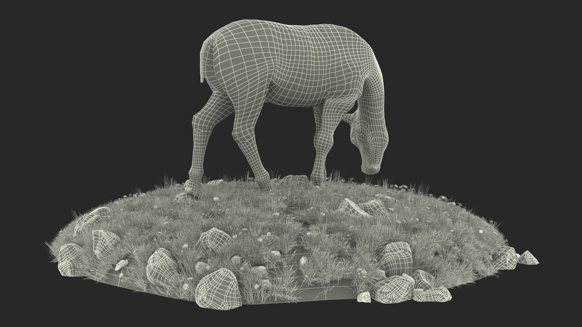 3D Pony with Long Mane Grazing in a Meadow Fur model