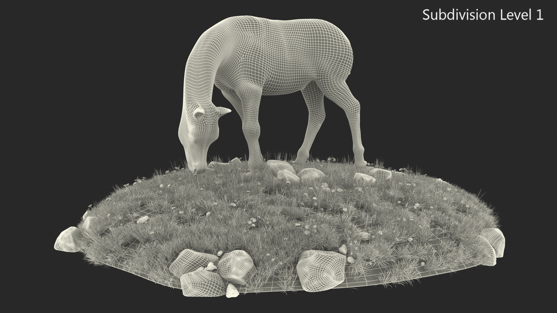 3D Pony with Long Mane Grazing in a Meadow Fur model