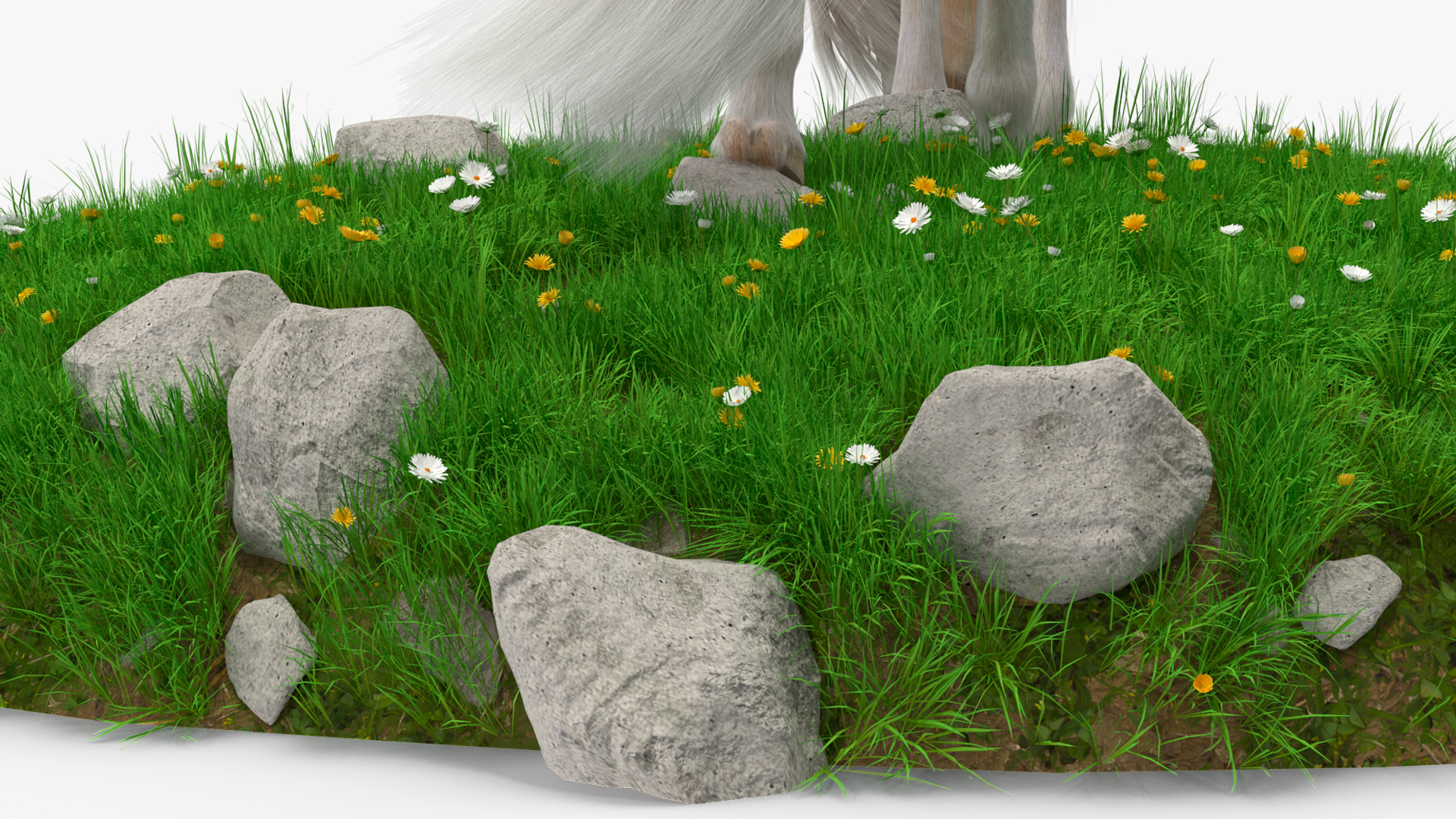 3D Pony with Long Mane Grazing in a Meadow Fur model