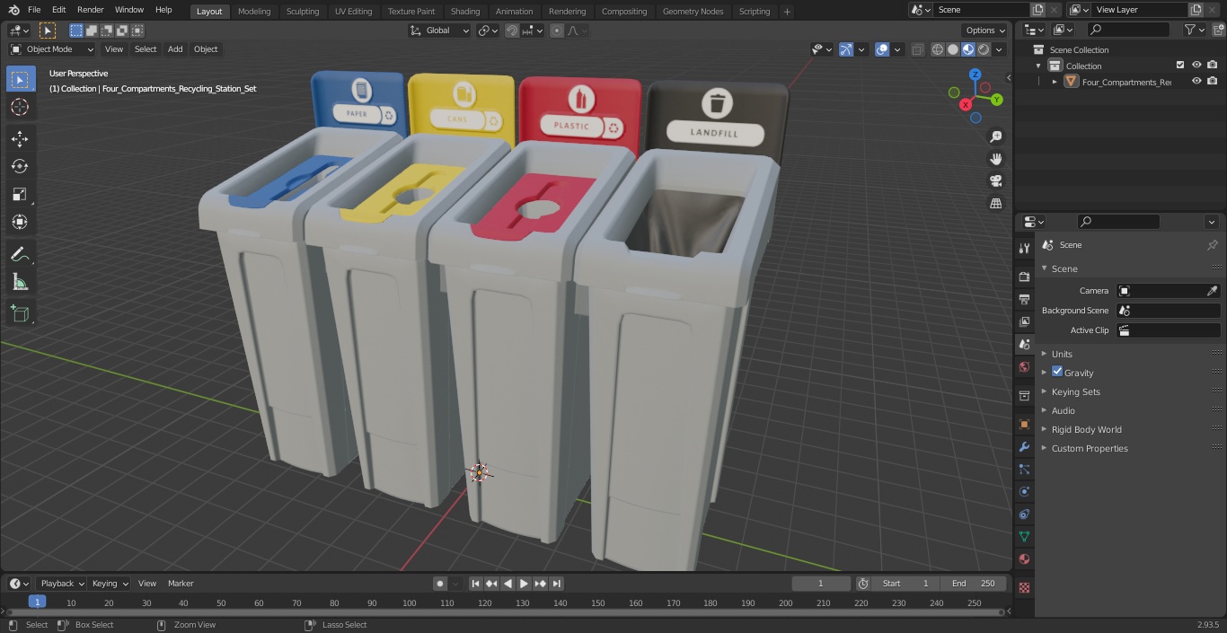Four Compartments Recycling Station Set 3D model