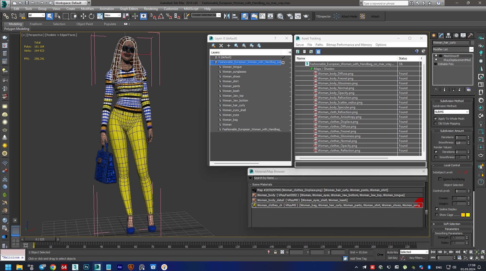 Fashionable European Woman with Handbag 3D model