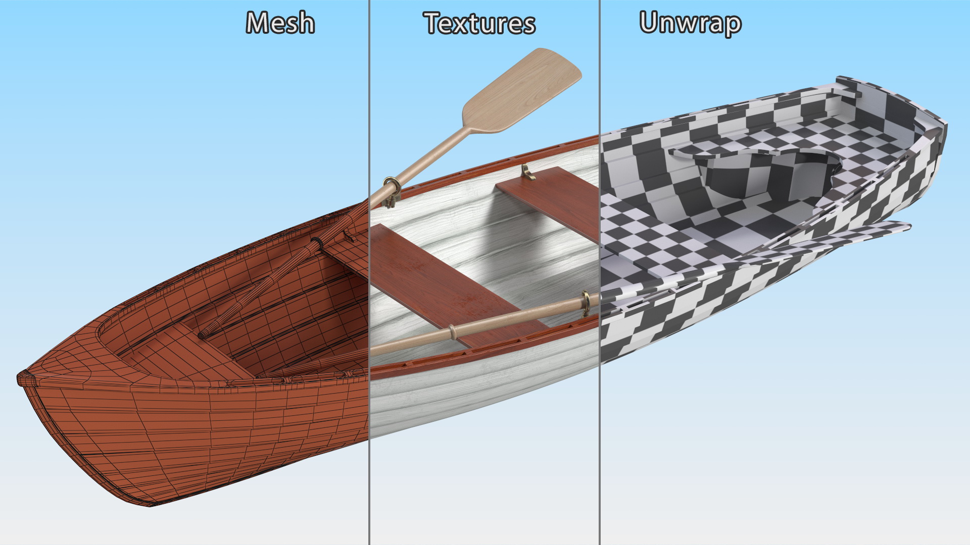 Wooden Rowboat with Oars 3D model