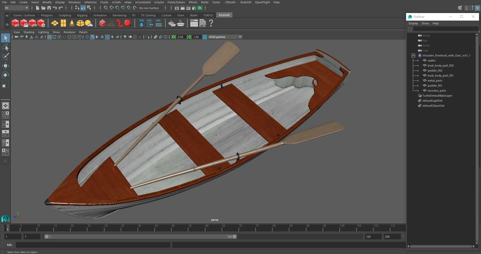 Wooden Rowboat with Oars 3D model