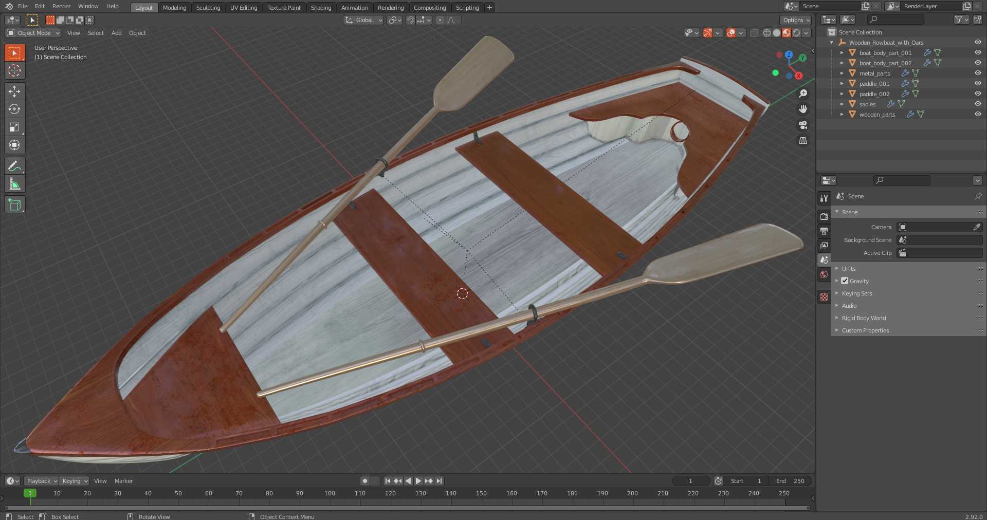 Wooden Rowboat with Oars 3D model