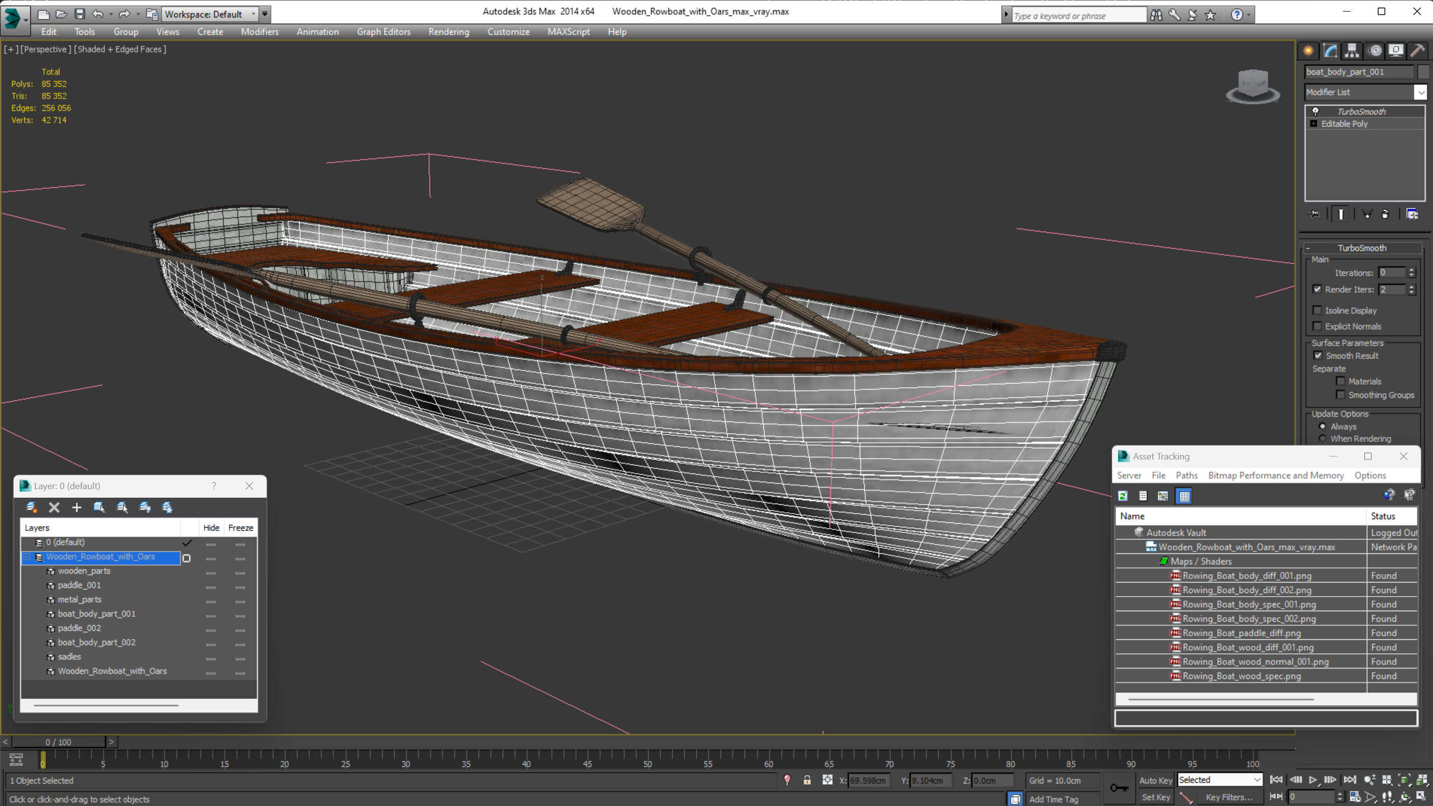 Wooden Rowboat with Oars 3D model