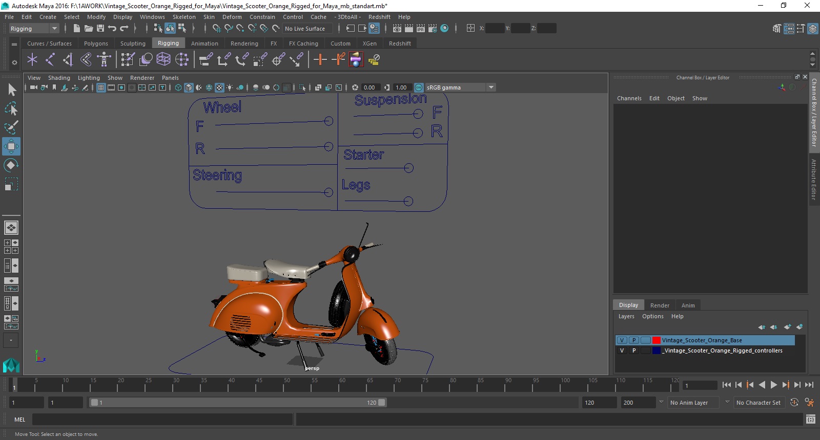 3D Vintage Scooter Orange Rigged for Maya model