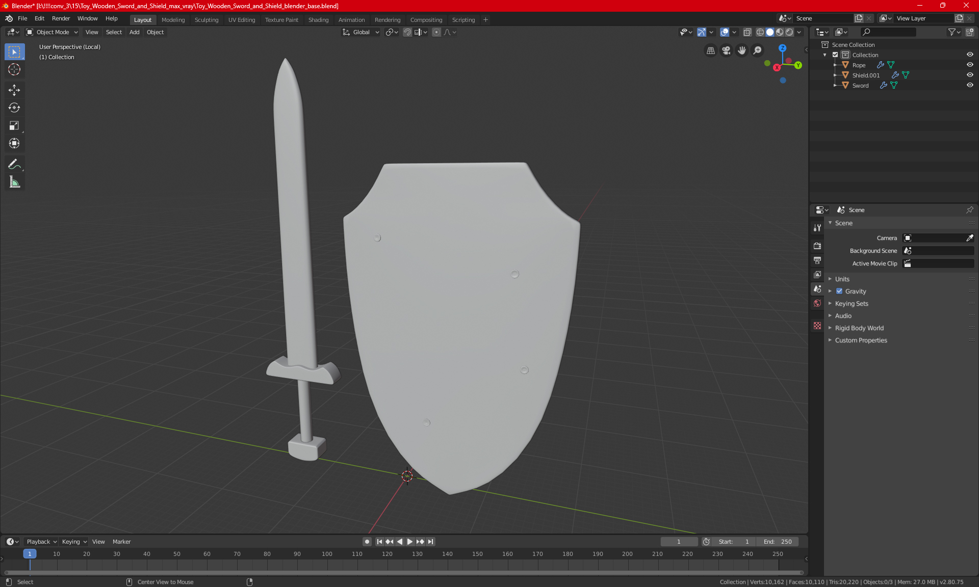 Toy Wooden Sword and Shield 3D