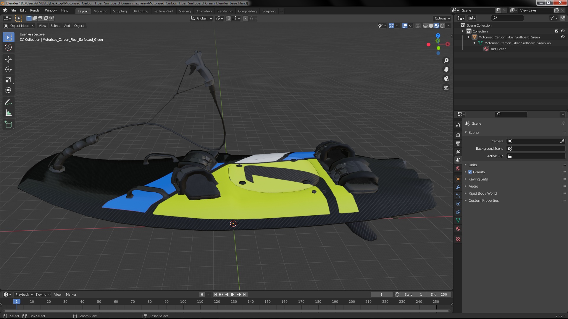 3D Motorised Carbon Fiber Surfboard Green model