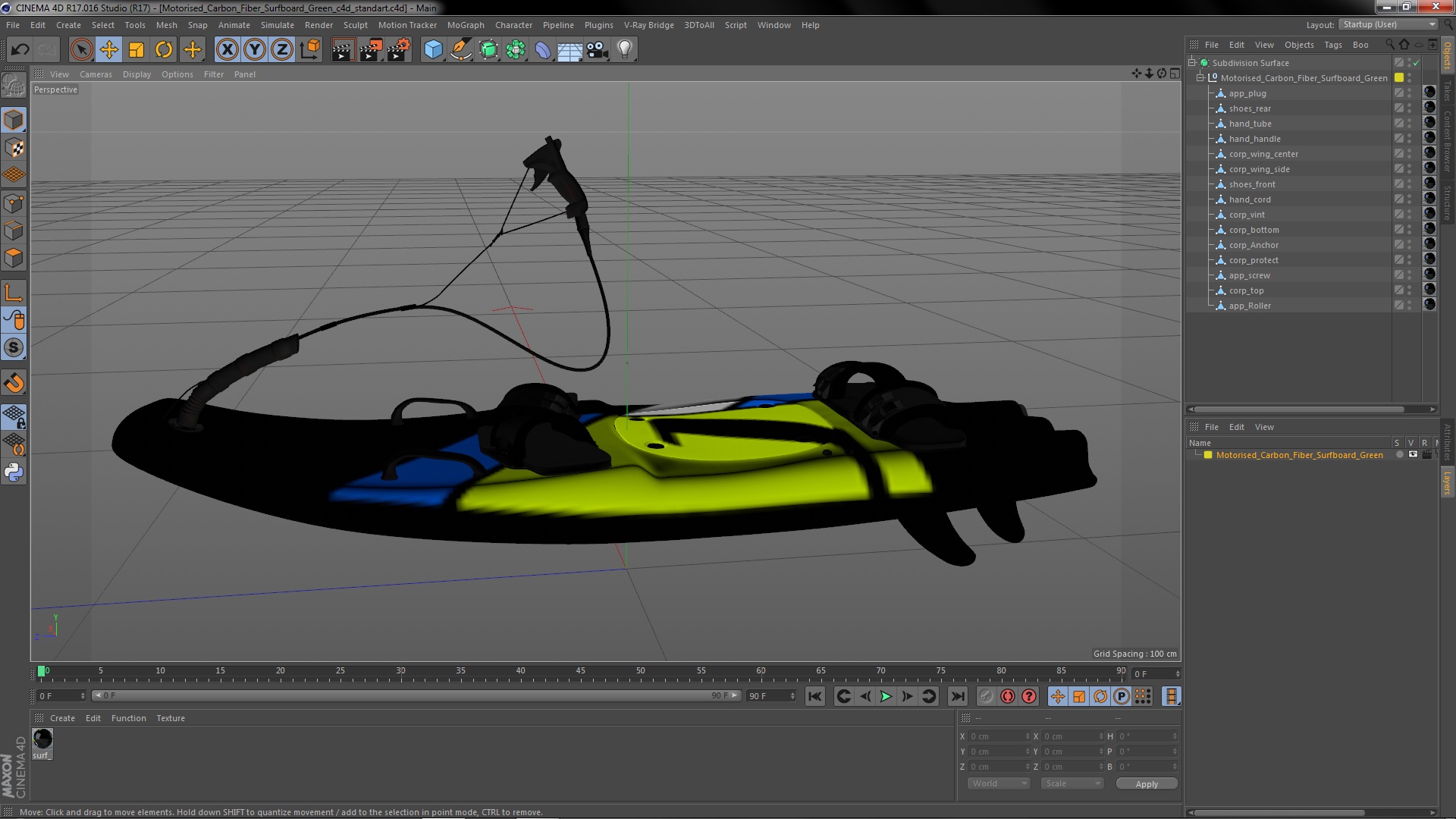 3D Motorised Carbon Fiber Surfboard Green model