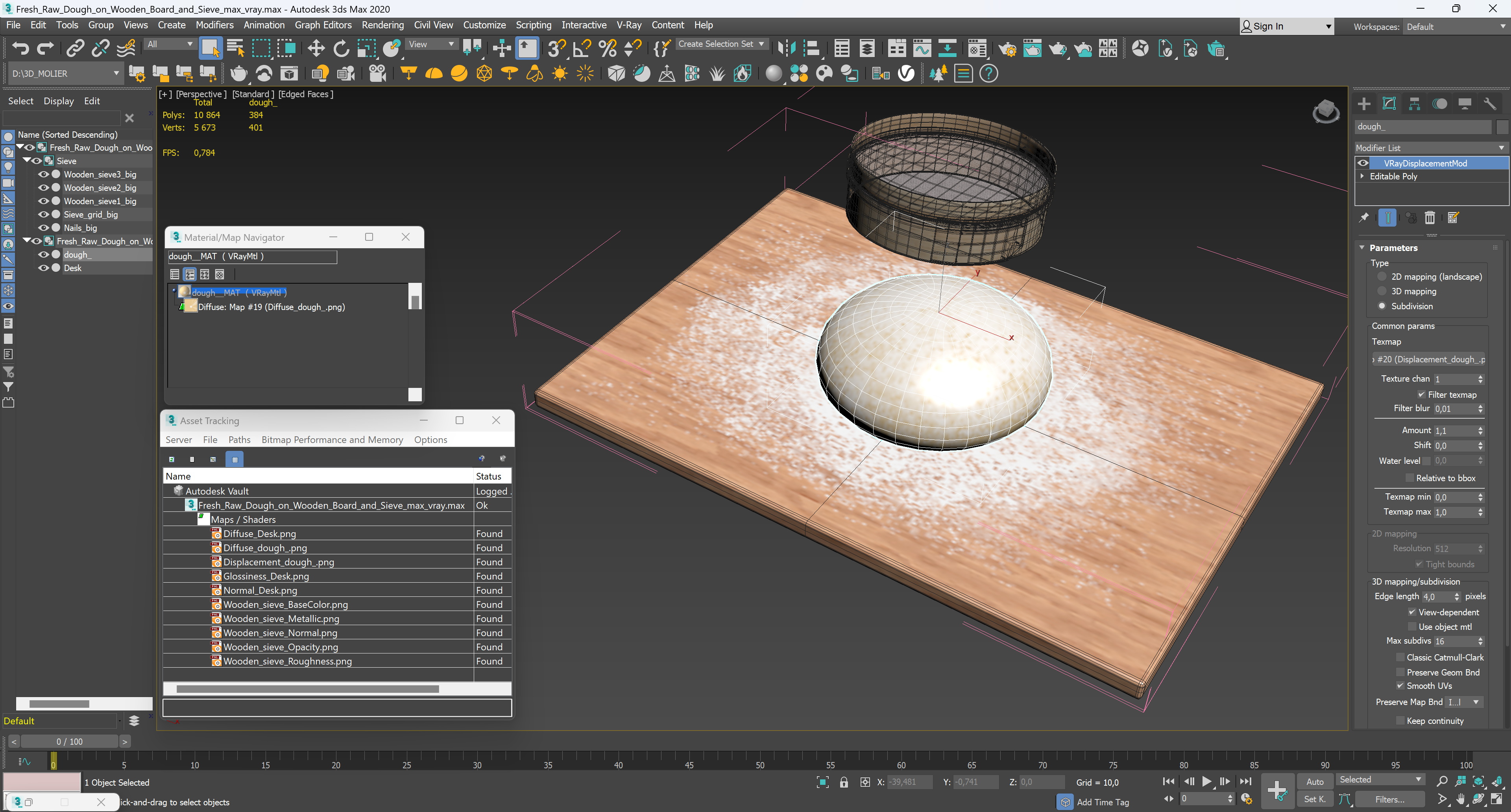 3D Fresh Raw Dough on Wooden Board and Sieve