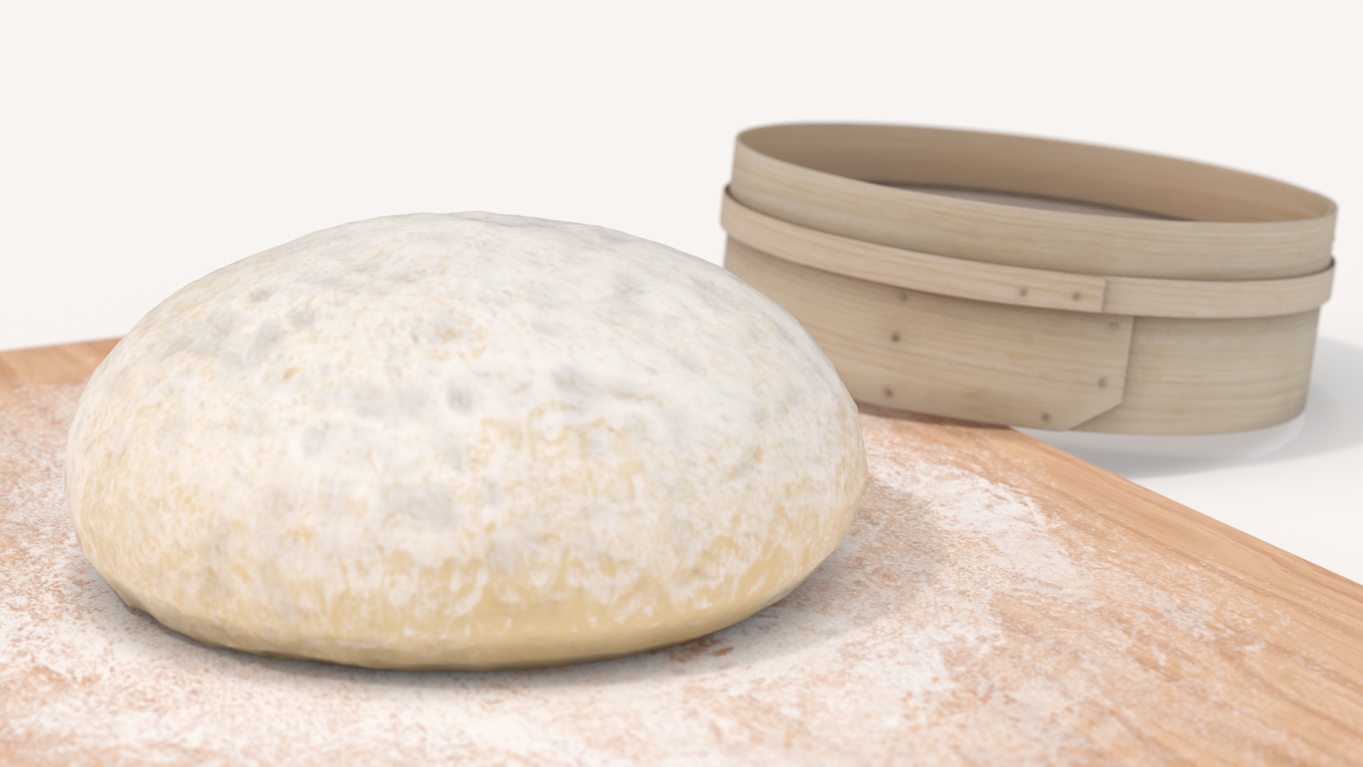 3D Fresh Raw Dough on Wooden Board and Sieve