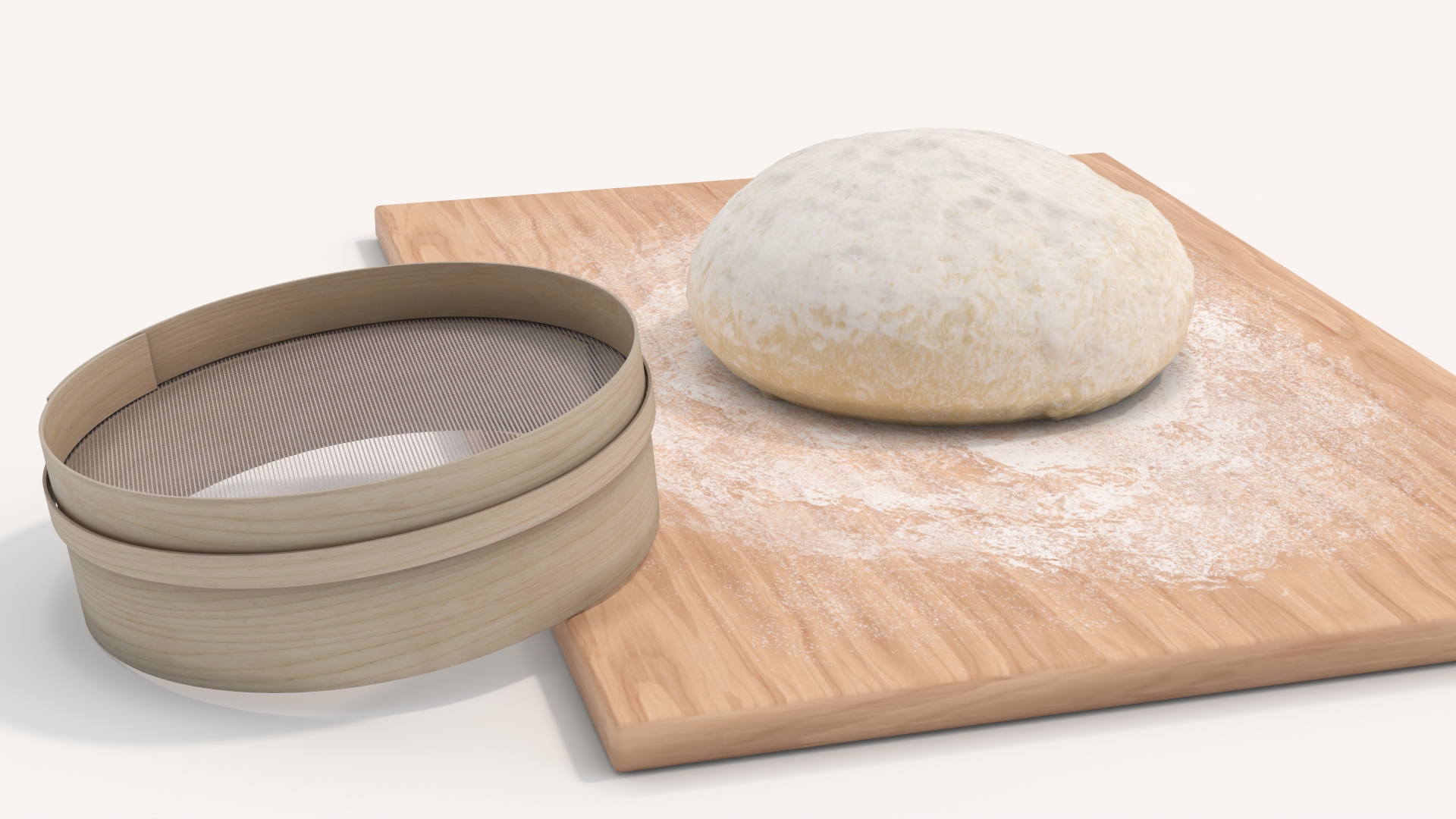 3D Fresh Raw Dough on Wooden Board and Sieve