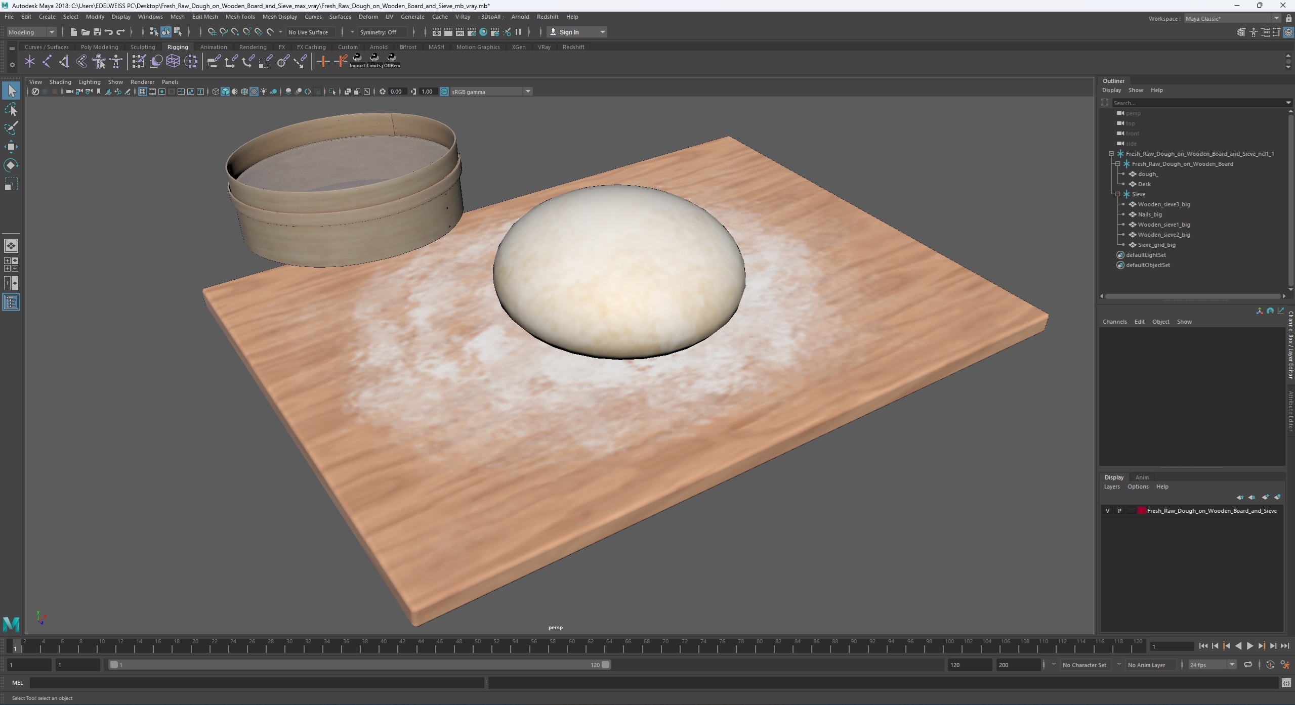 3D Fresh Raw Dough on Wooden Board and Sieve