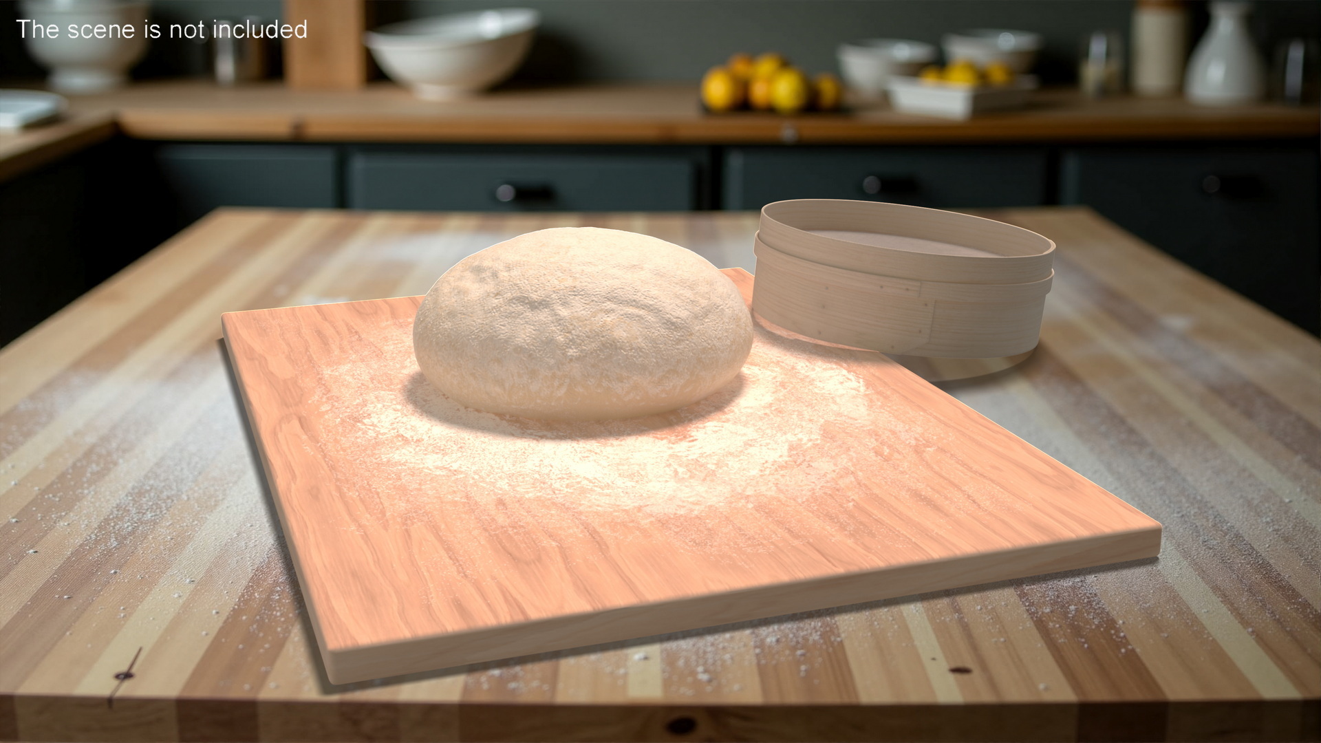 3D Fresh Raw Dough on Wooden Board and Sieve
