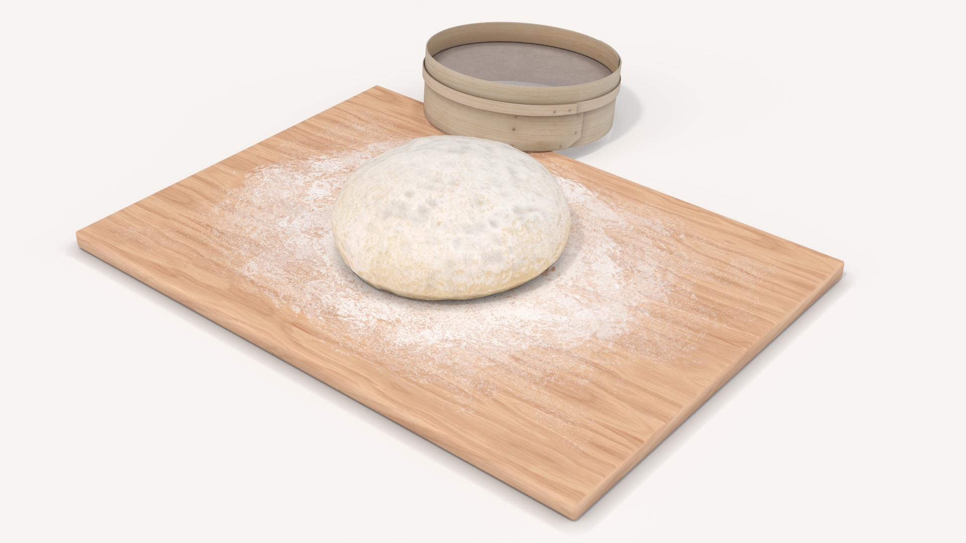 3D Fresh Raw Dough on Wooden Board and Sieve
