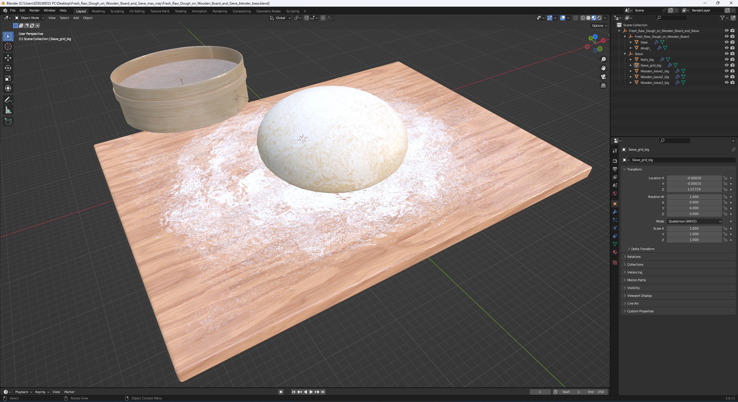 3D Fresh Raw Dough on Wooden Board and Sieve