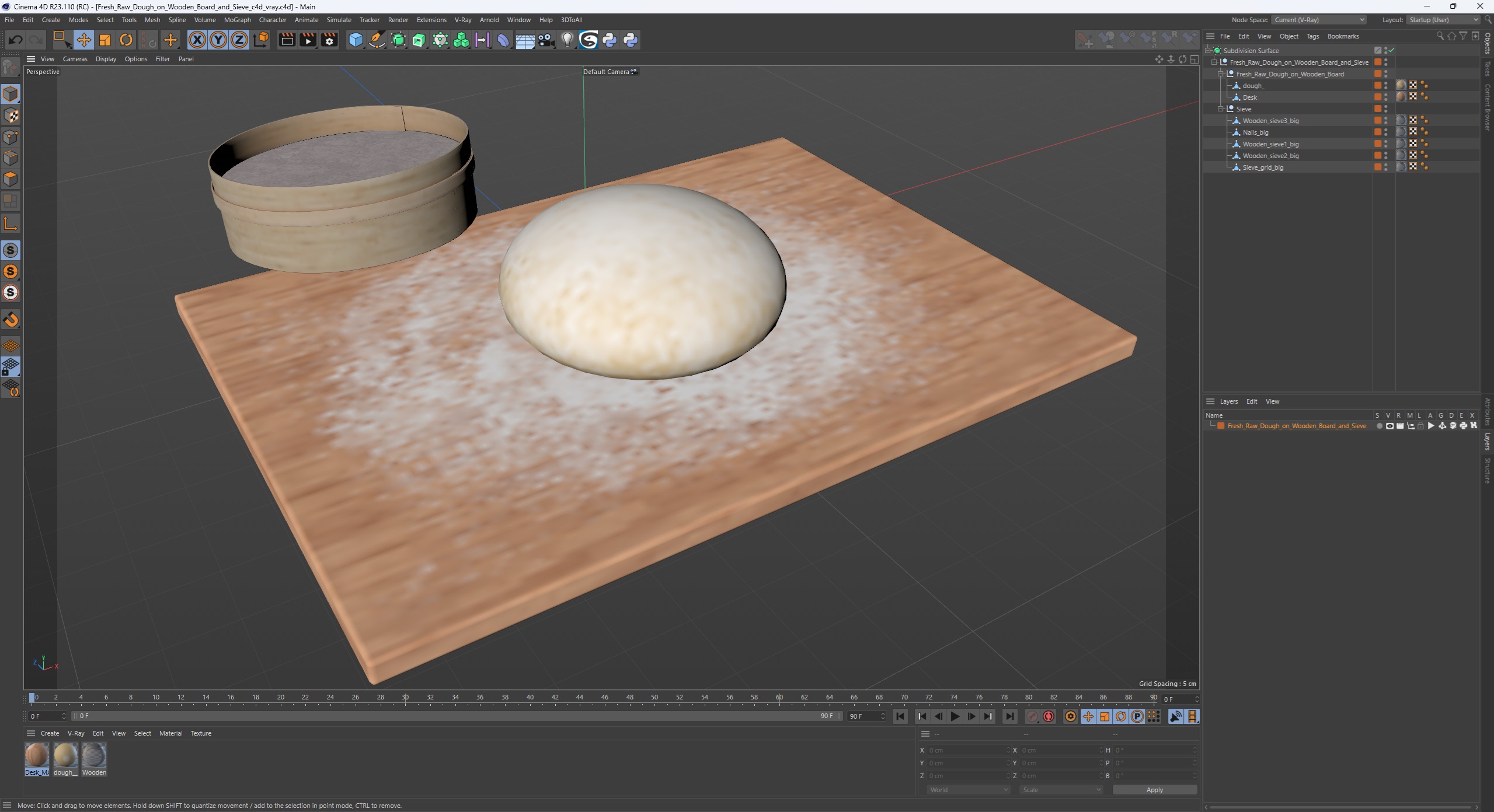 3D Fresh Raw Dough on Wooden Board and Sieve