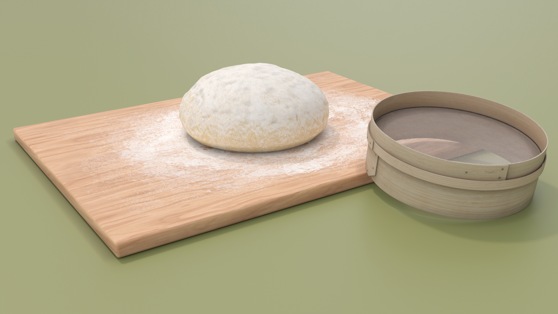 3D Fresh Raw Dough on Wooden Board and Sieve
