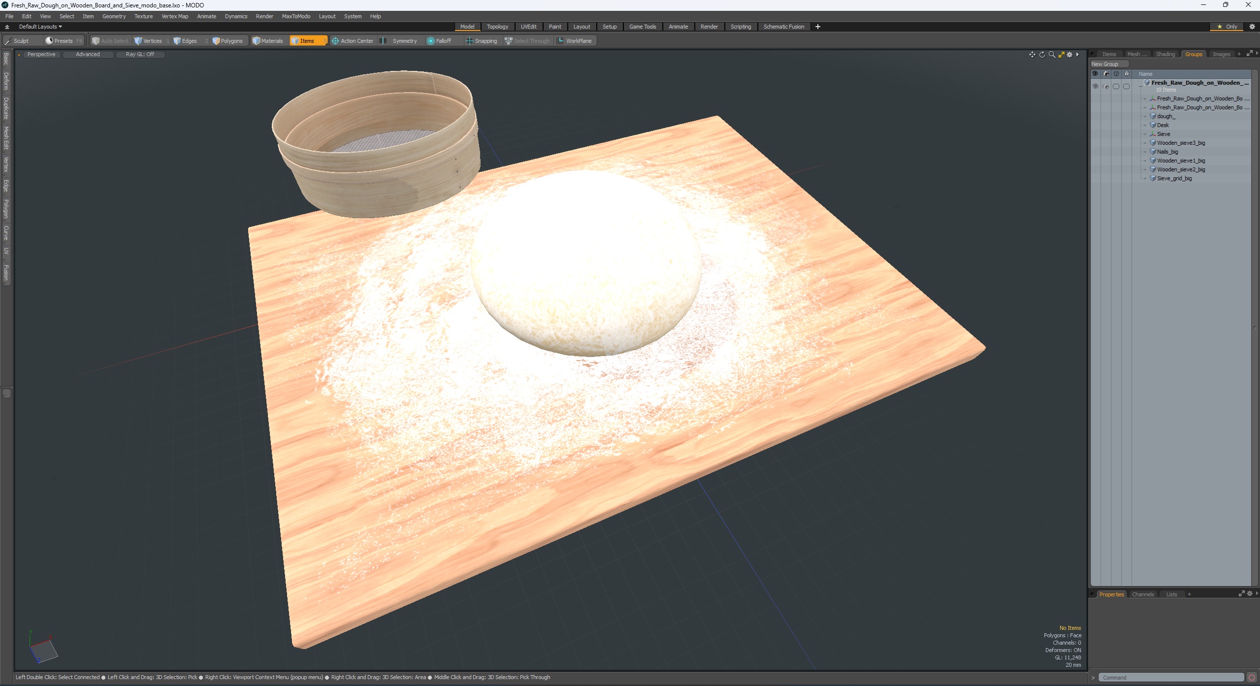 3D Fresh Raw Dough on Wooden Board and Sieve