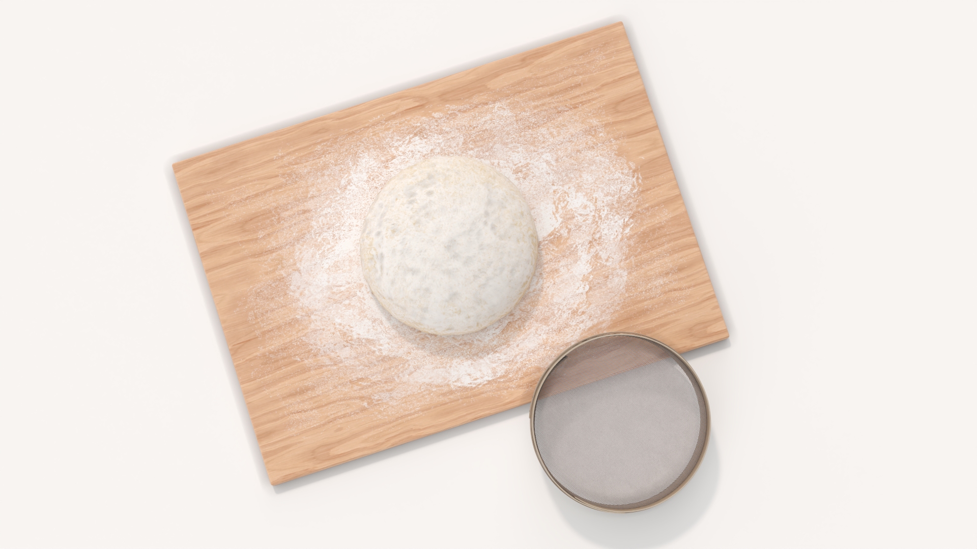 3D Fresh Raw Dough on Wooden Board and Sieve