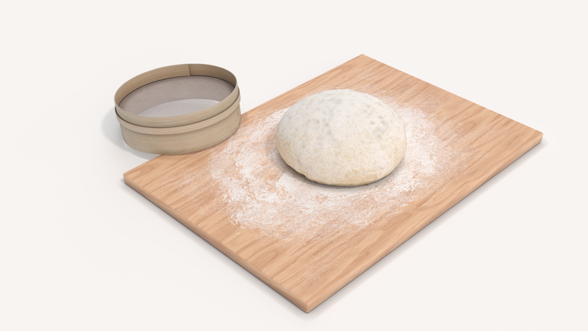 3D Fresh Raw Dough on Wooden Board and Sieve