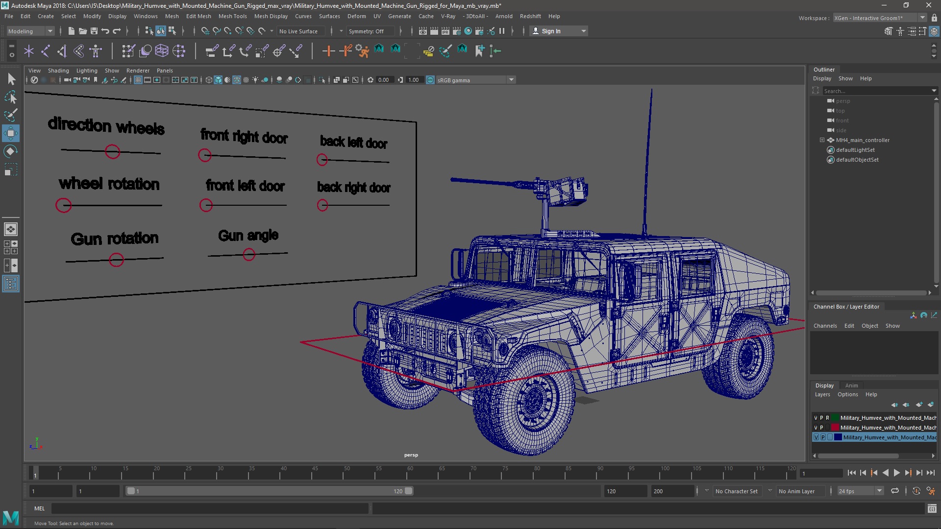 3D Military Humvee with Mounted Machine Gun Rigged for Maya