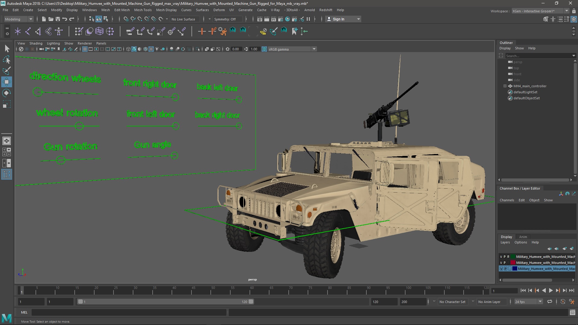 3D Military Humvee with Mounted Machine Gun Rigged for Maya