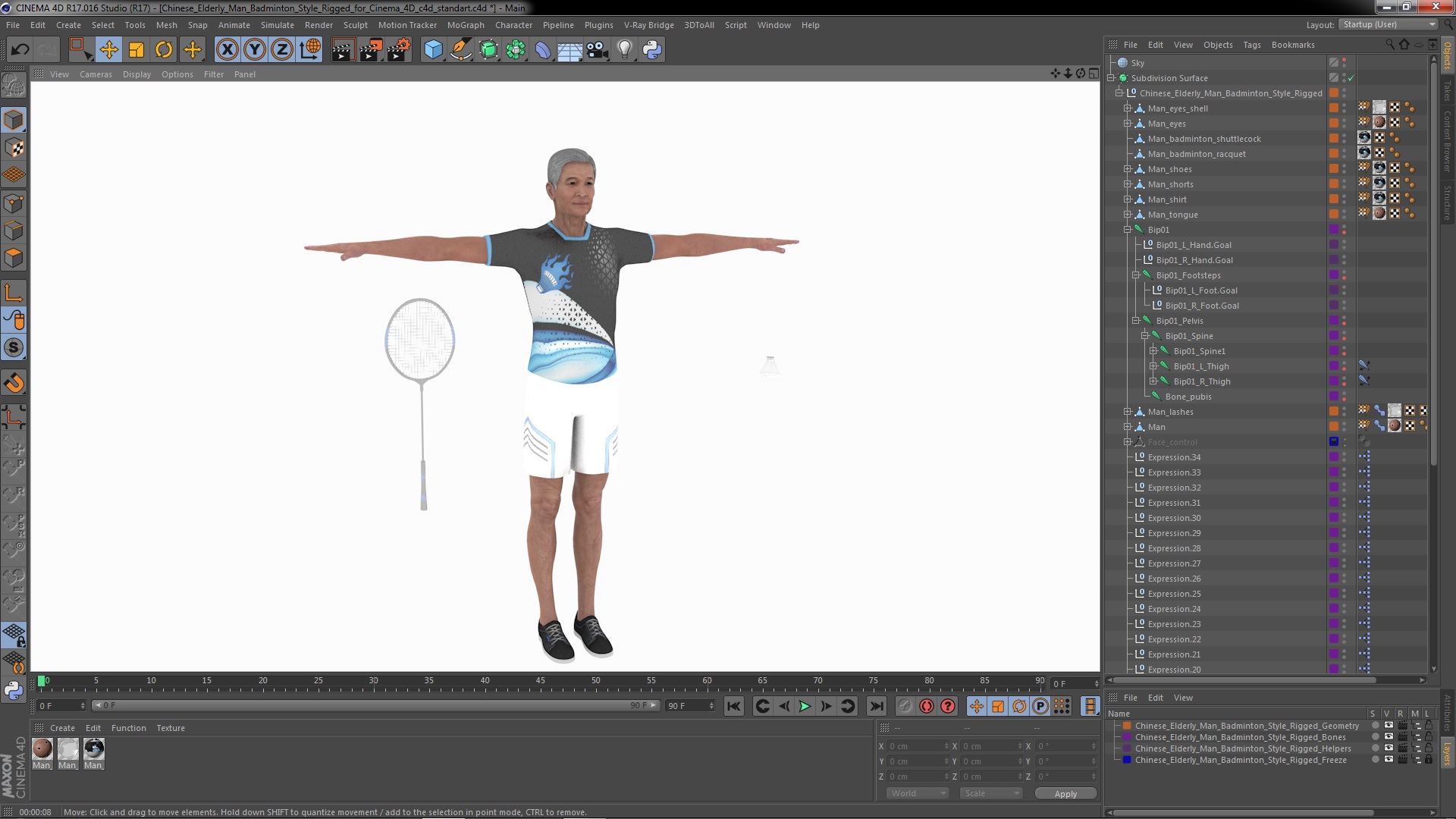 3D Chinese Elderly Man Badminton Style Rigged for Cinema 4D