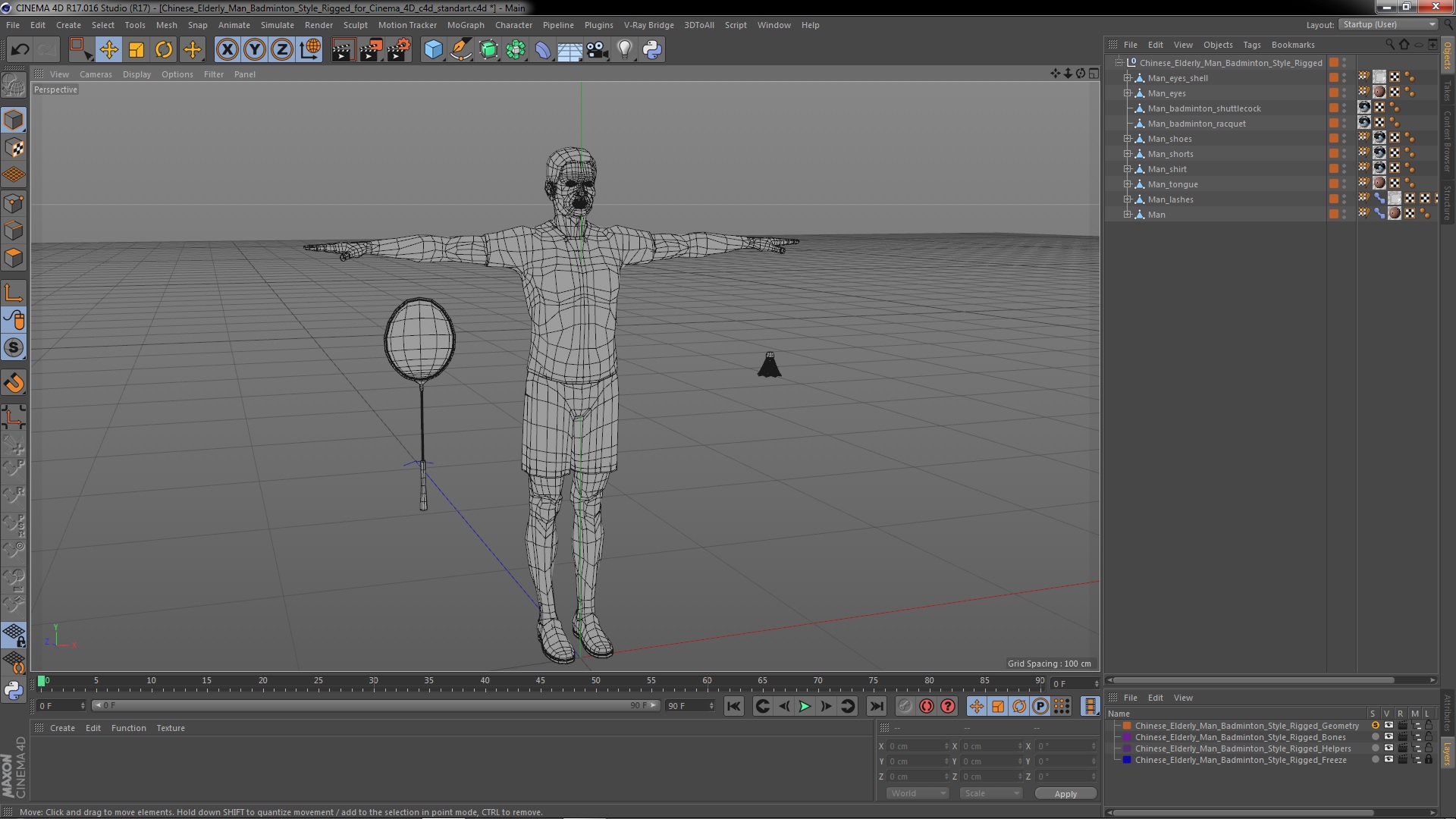 3D Chinese Elderly Man Badminton Style Rigged for Cinema 4D