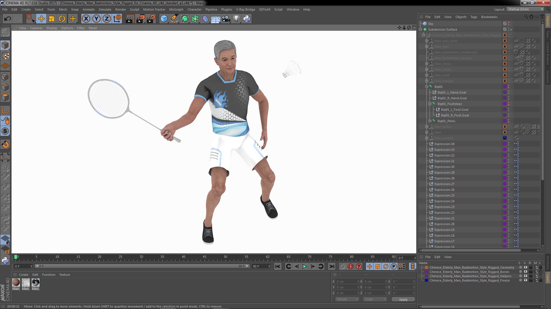 3D Chinese Elderly Man Badminton Style Rigged for Cinema 4D