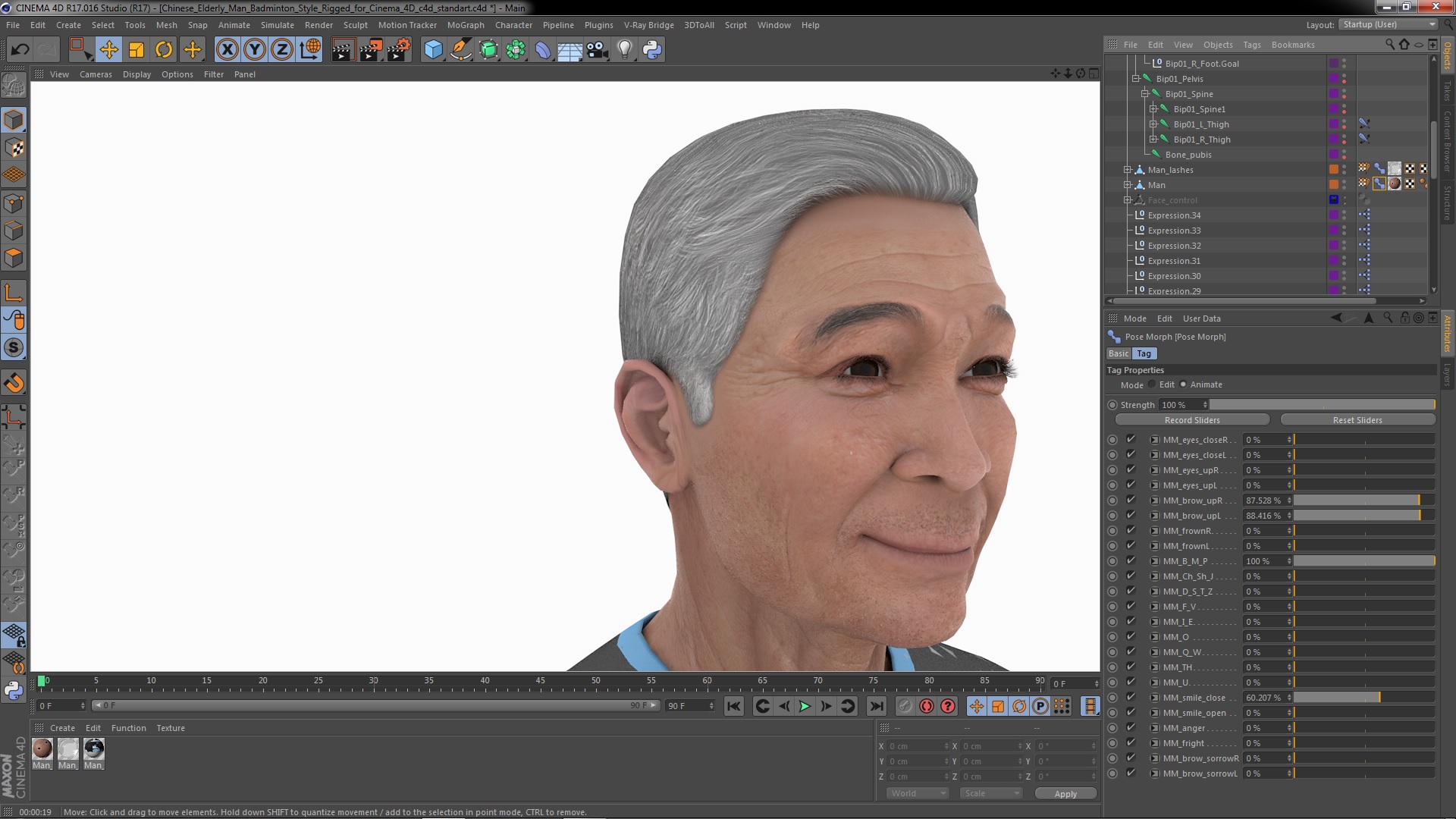 3D Chinese Elderly Man Badminton Style Rigged for Cinema 4D