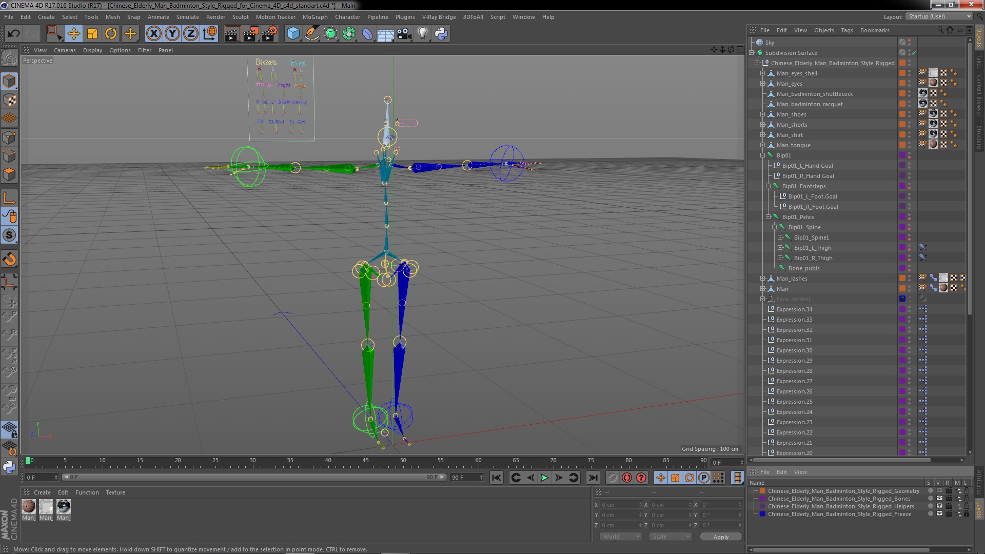 3D Chinese Elderly Man Badminton Style Rigged for Cinema 4D