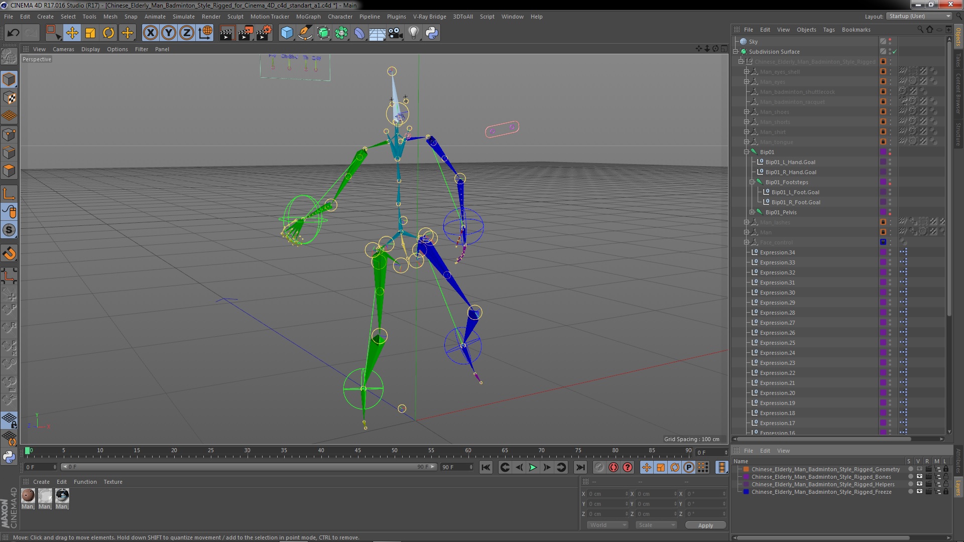 3D Chinese Elderly Man Badminton Style Rigged for Cinema 4D