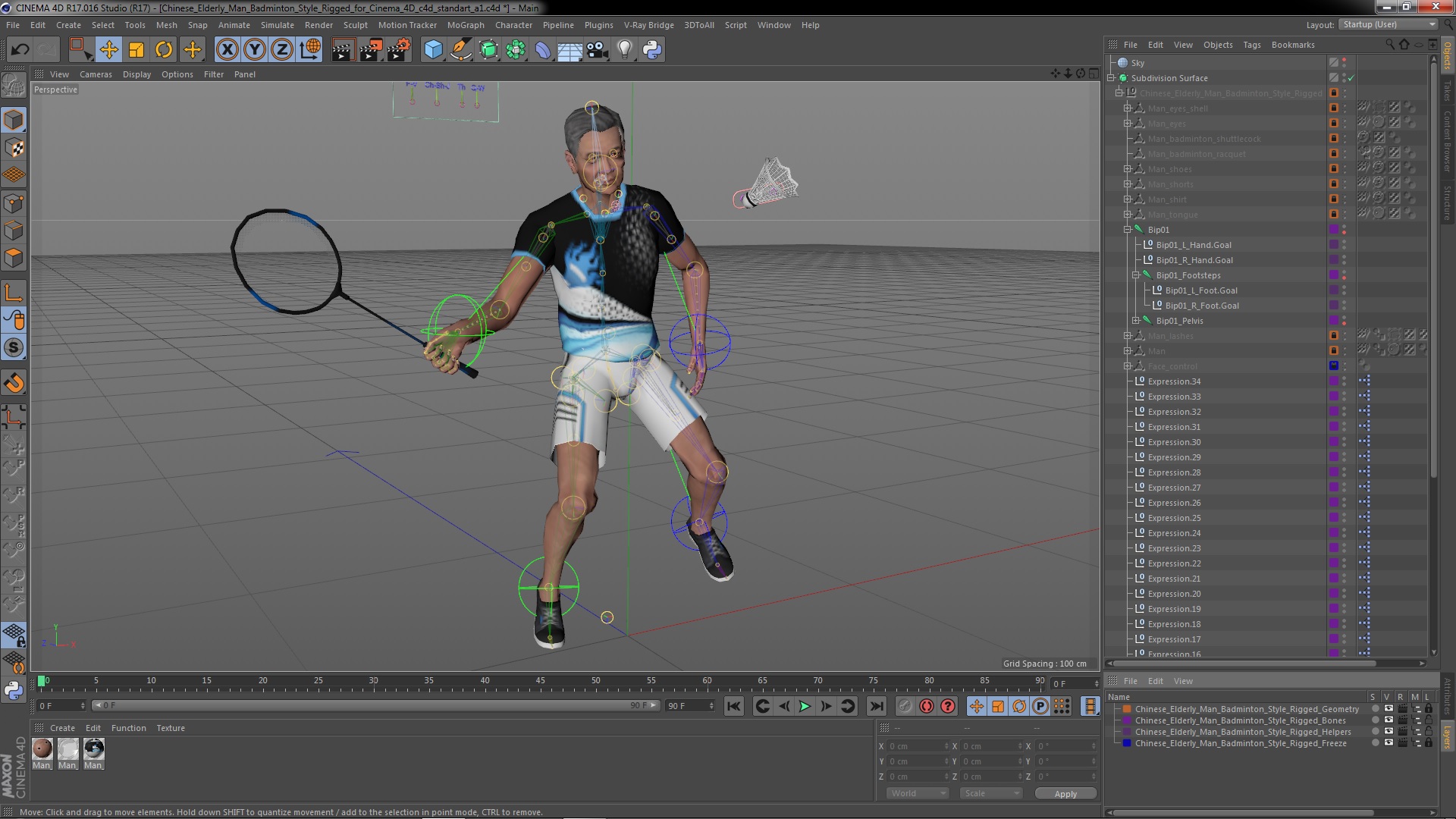 3D Chinese Elderly Man Badminton Style Rigged for Cinema 4D