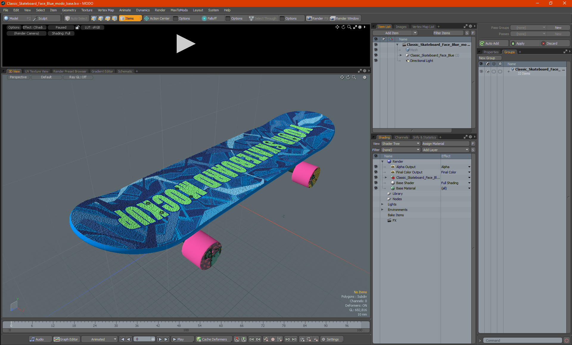 3D Classic Skateboard Face Blue model