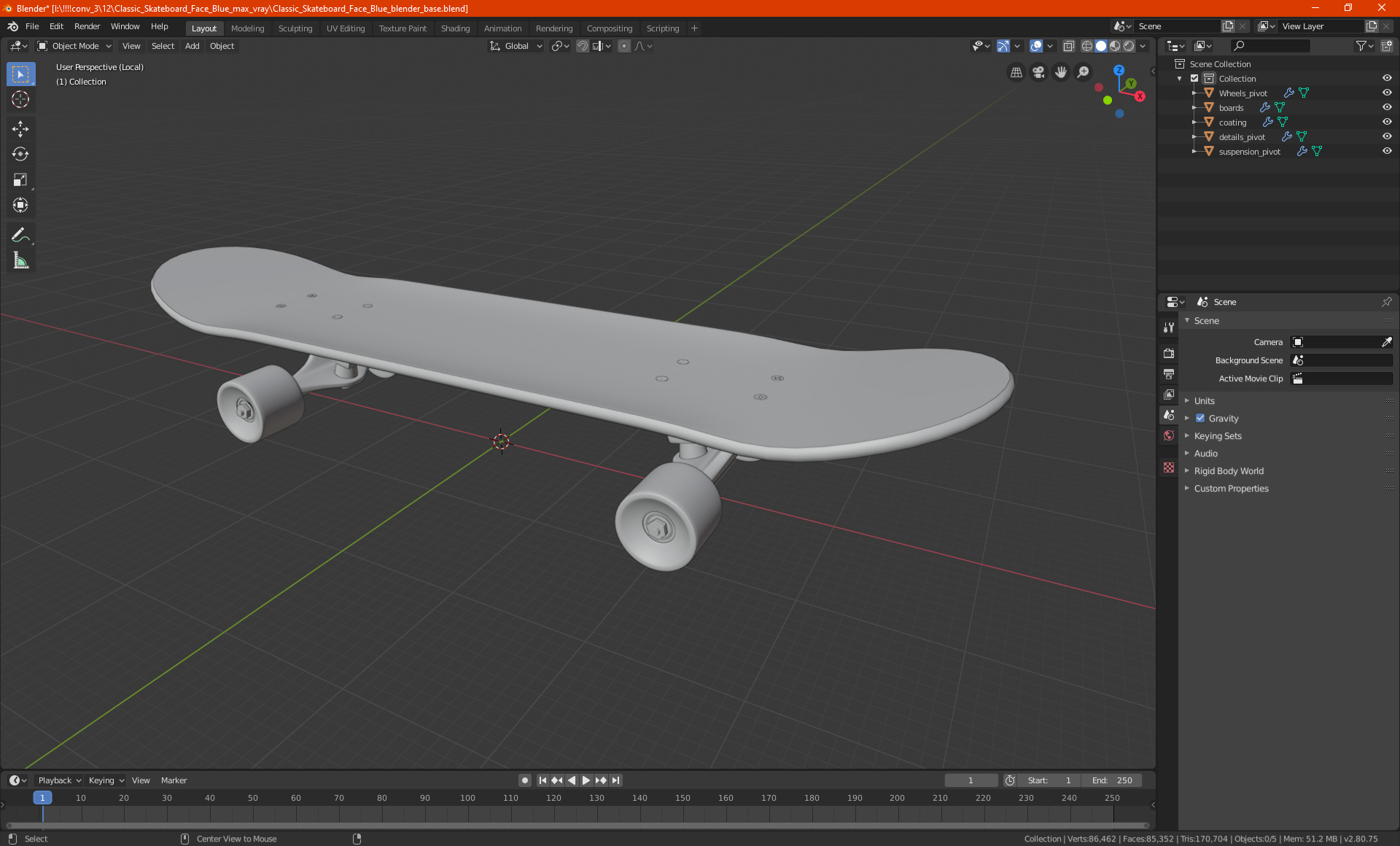 3D Classic Skateboard Face Blue model