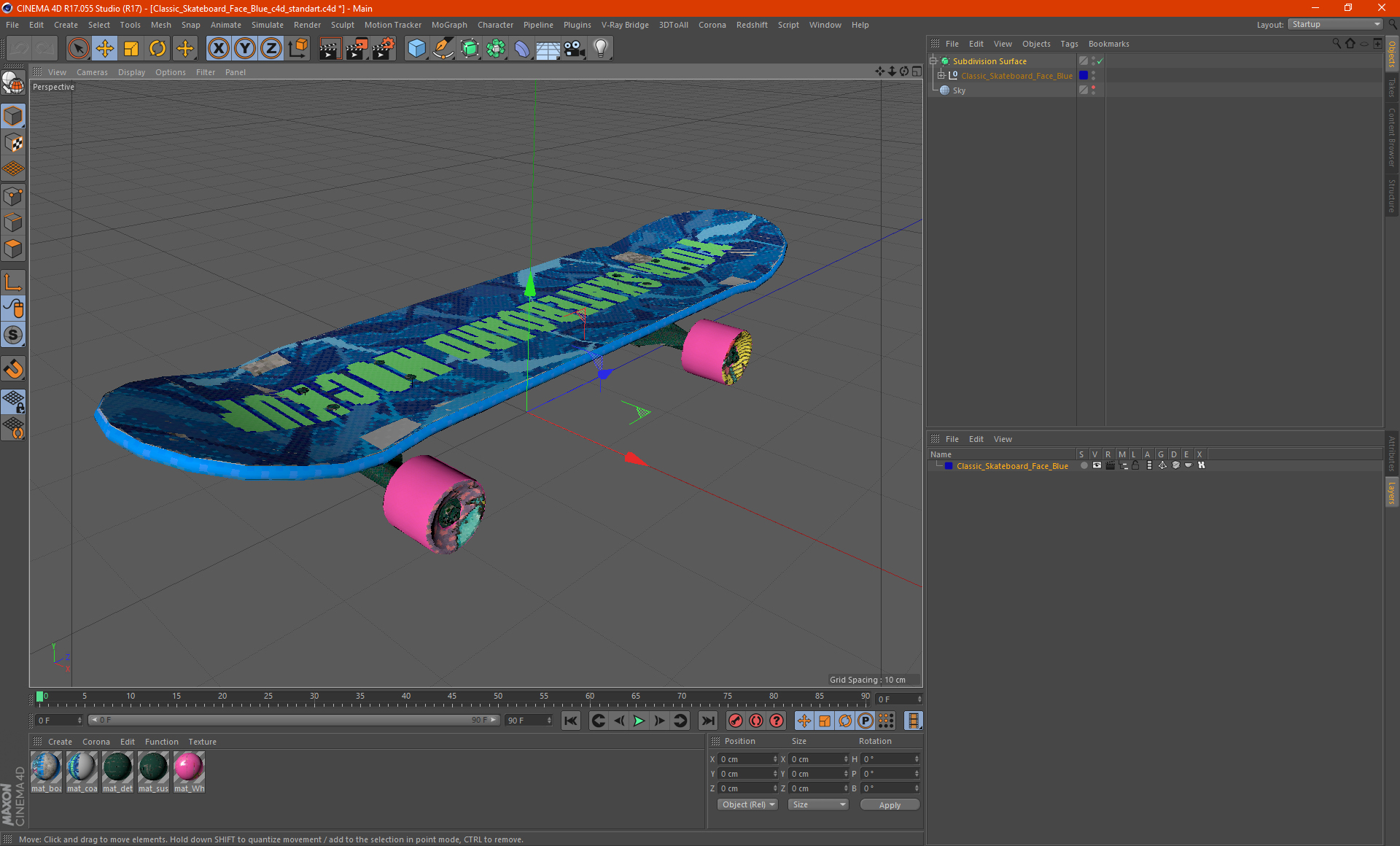 3D Classic Skateboard Face Blue model