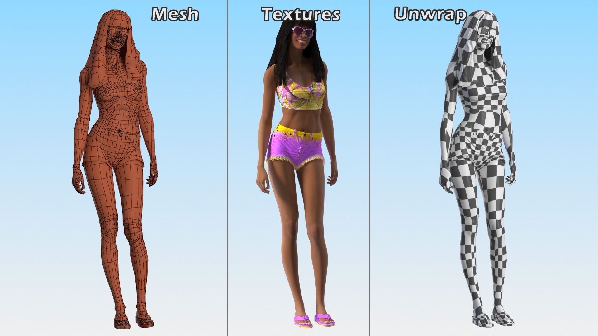 Beach Style Young Light Skin Black Woman Standing Pose 3D model