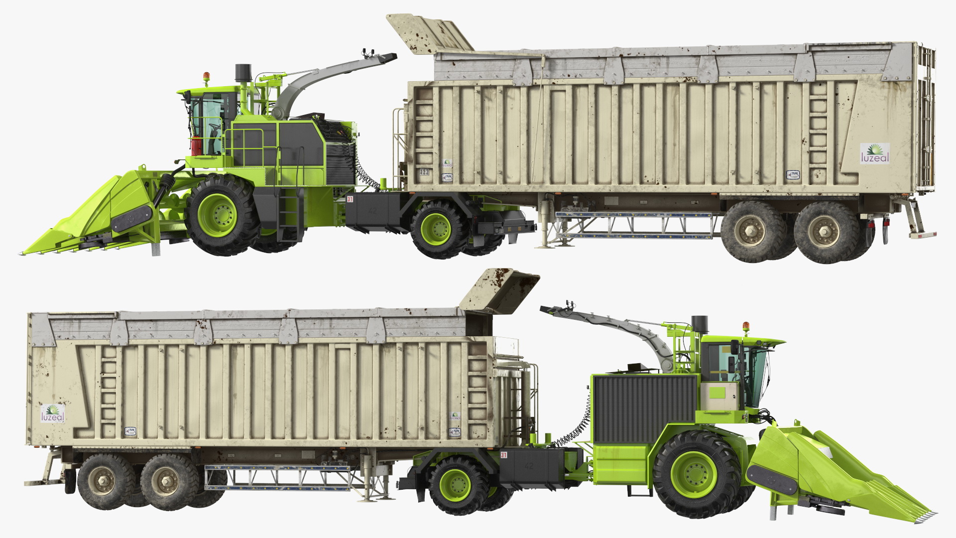 Harvester with Corn Header New with Harvester Trailer Dirty 3D model
