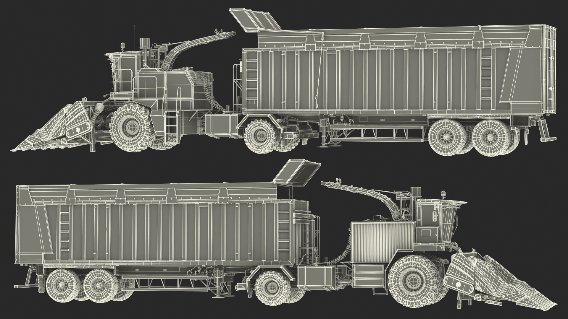 Harvester with Corn Header New with Harvester Trailer Dirty 3D model